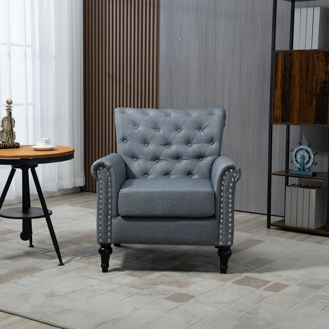 Mid Century Modern Accent Chair, Linen Armchair W Tufted Back Wood Legs, Upholstered Lounge Arm Chair Single Sofa For Living Room Bedroom, Gray Gray Foam Linen