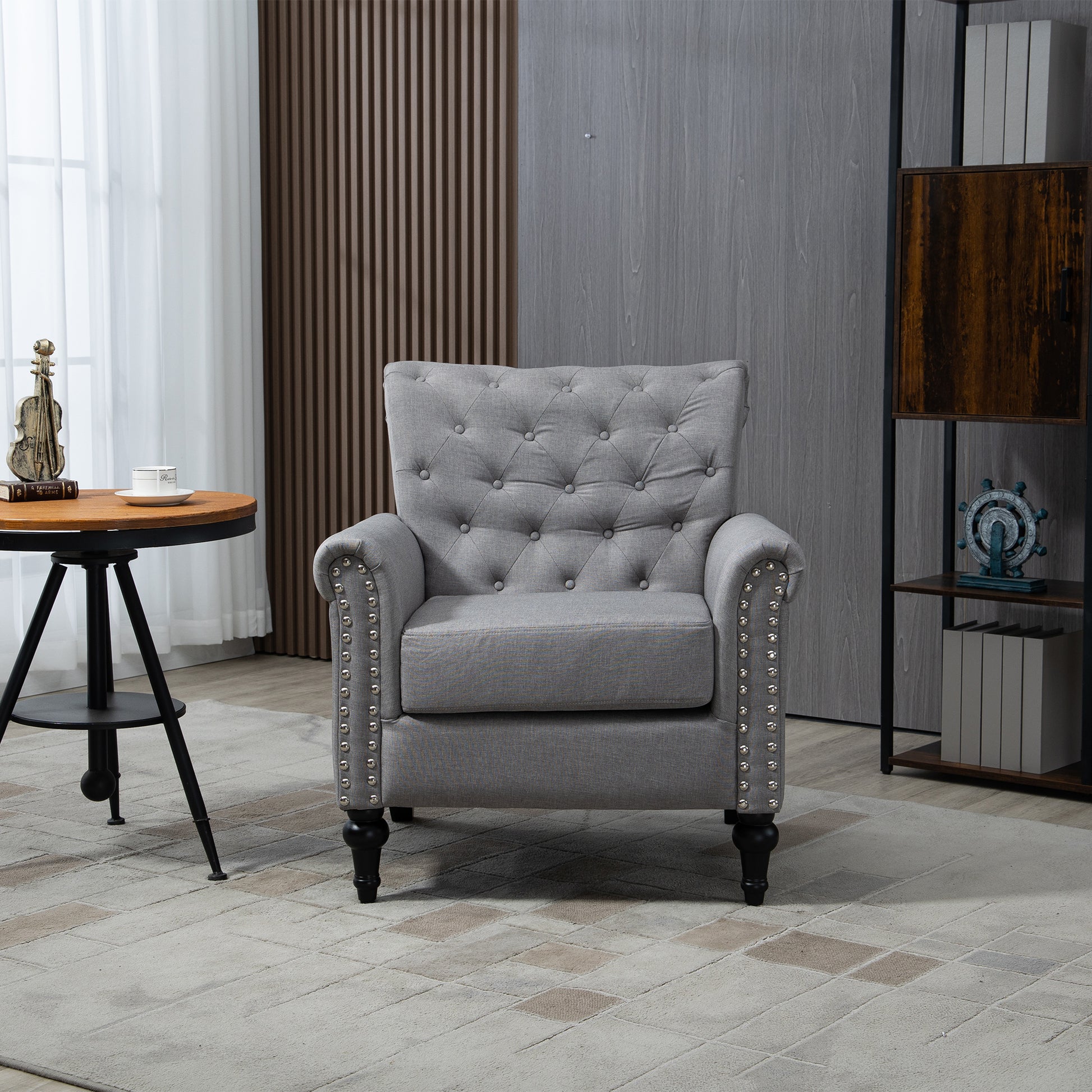 Mid Century Modern Accent Chair, Linen Armchair W Tufted Back Wood Legs, Upholstered Lounge Arm Chair Single Sofa For Living Room Bedroom, Light Grey Light Gray Foam Linen