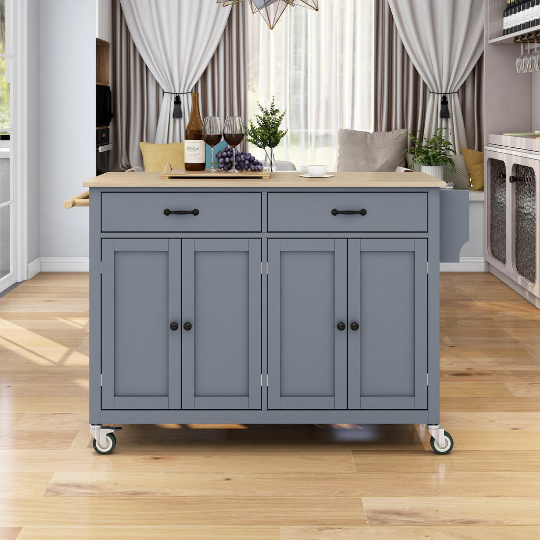 Kitchen Island Cart With Solid Wood Top And Locking Wheels,54.3 Inch Width,4 Door Cabinet And Two Drawers,Spice Rack, Towel Rack Grey Blue Blue Mdf