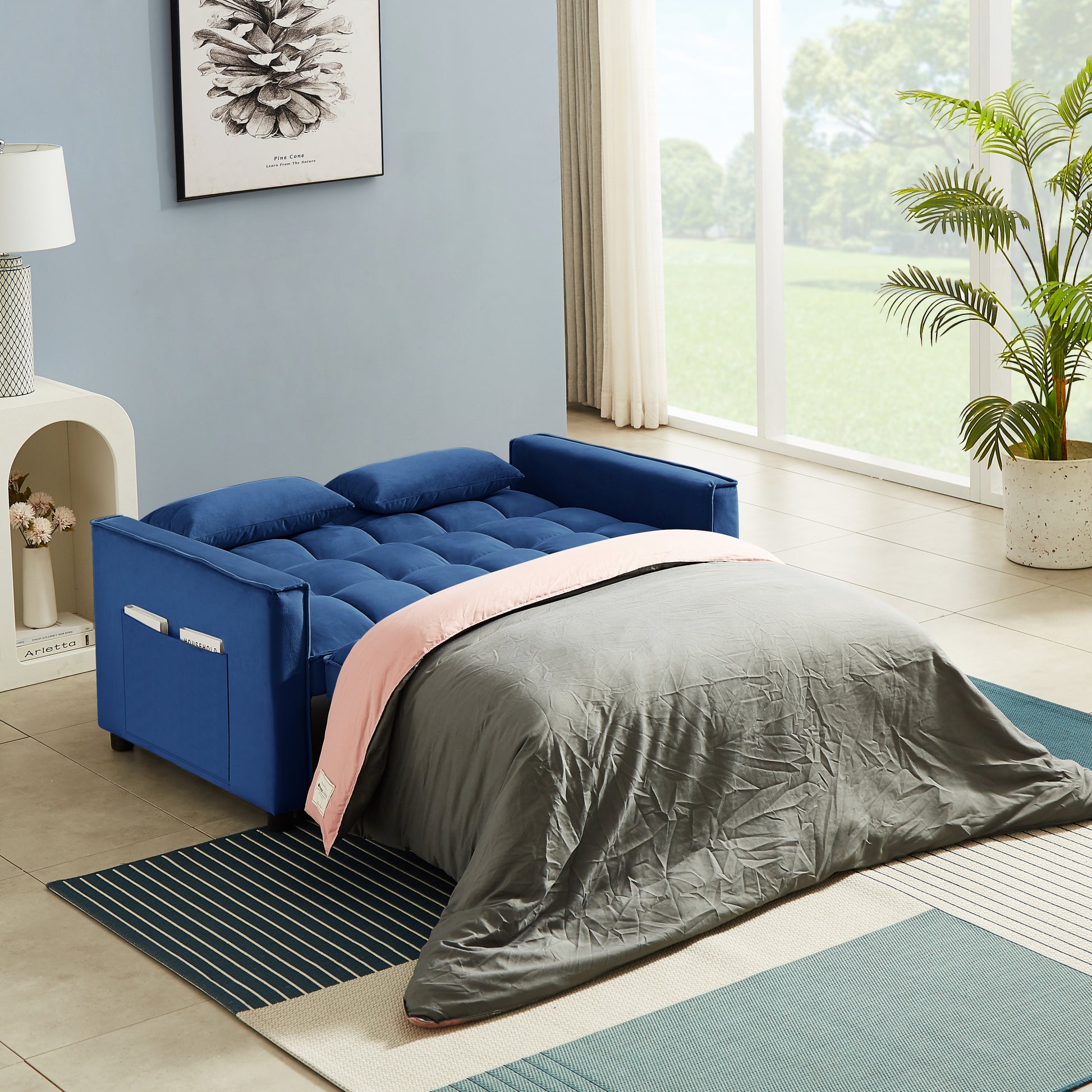 Modern Velvet Convertible Loveseat Sleeper Sofa Couch With Adjustable Backrest, 2 Seater Sofa With Pull Out Bed With 2 Lumbar Pillows For Small Living Room & Apartment Blue Foam Velvet
