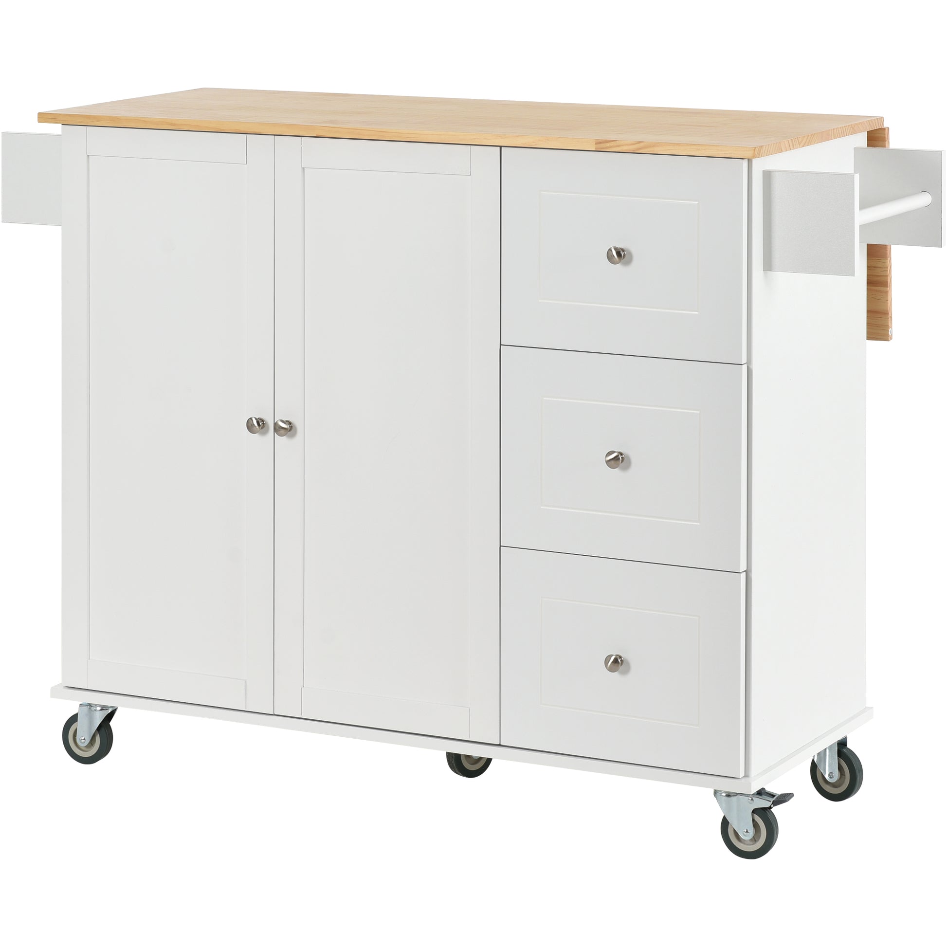 Rolling Mobile Kitchen Island With Solid Wood Top And Locking Wheels,52.7 Inch Width,Storage Cabinet And Drop Leaf Breakfast Bar,Spice Rack, Towel Rack & Drawer White White Mdf