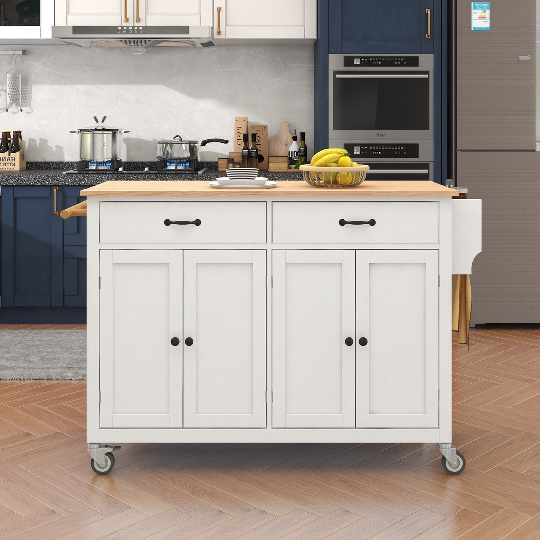 Kitchen Island Cart With Solid Wood Top And Locking Wheels,54.3 Inch Width,4 Door Cabinet And Two Drawers,Spice Rack, Towel Rack White White Mdf