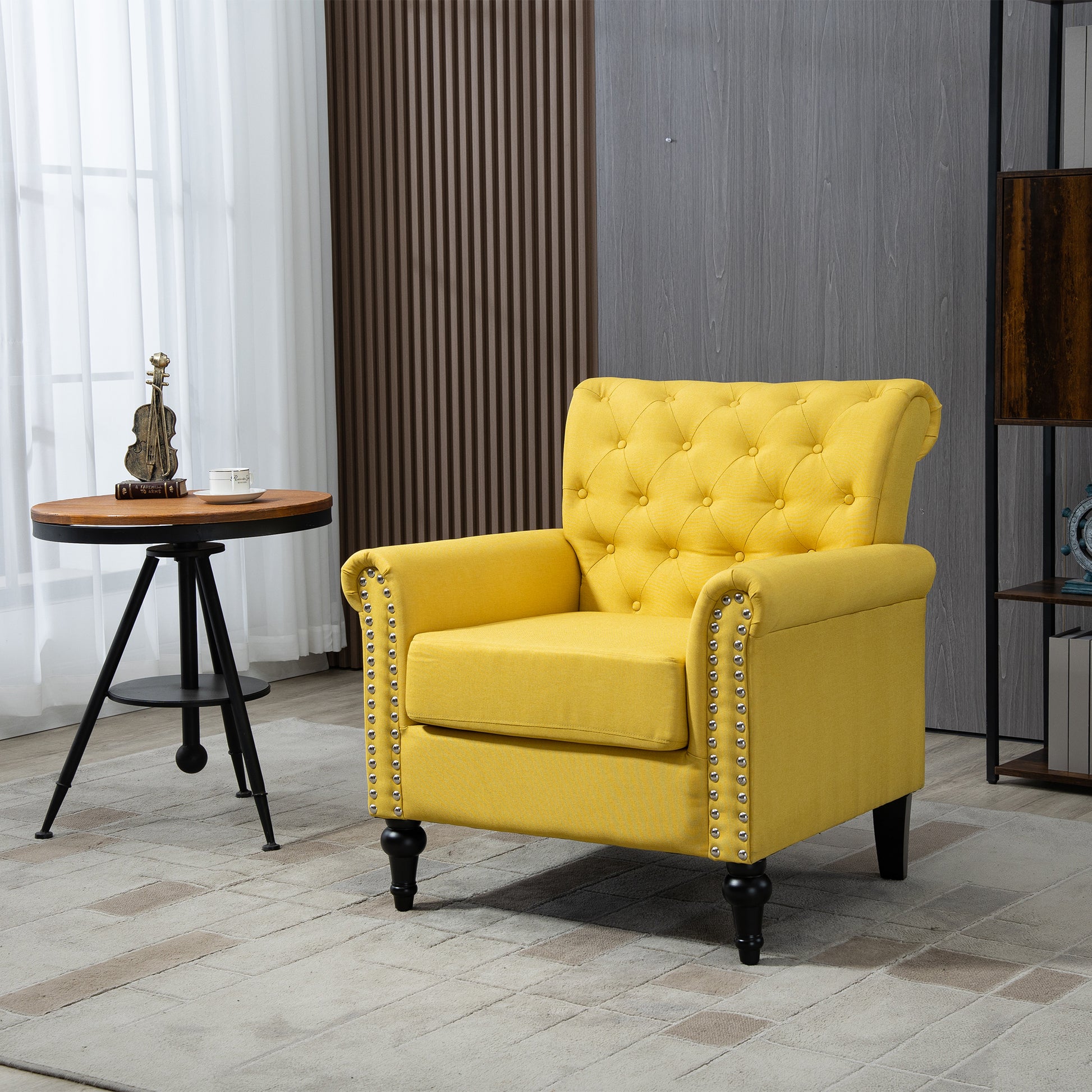 Mid Century Modern Accent Chair, Linen Armchair W Tufted Back Wood Legs, Upholstered Lounge Arm Chair Single Sofa For Living Room Bedroom, Yellow Yellow Foam Linen