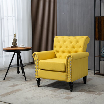 Mid Century Modern Accent Chair, Linen Armchair W Tufted Back Wood Legs, Upholstered Lounge Arm Chair Single Sofa For Living Room Bedroom, Yellow Yellow Foam Linen