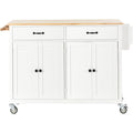 Kitchen Island Cart With Solid Wood Top And Locking Wheels,54.3 Inch Width,4 Door Cabinet And Two Drawers,Spice Rack, Towel Rack White White Mdf