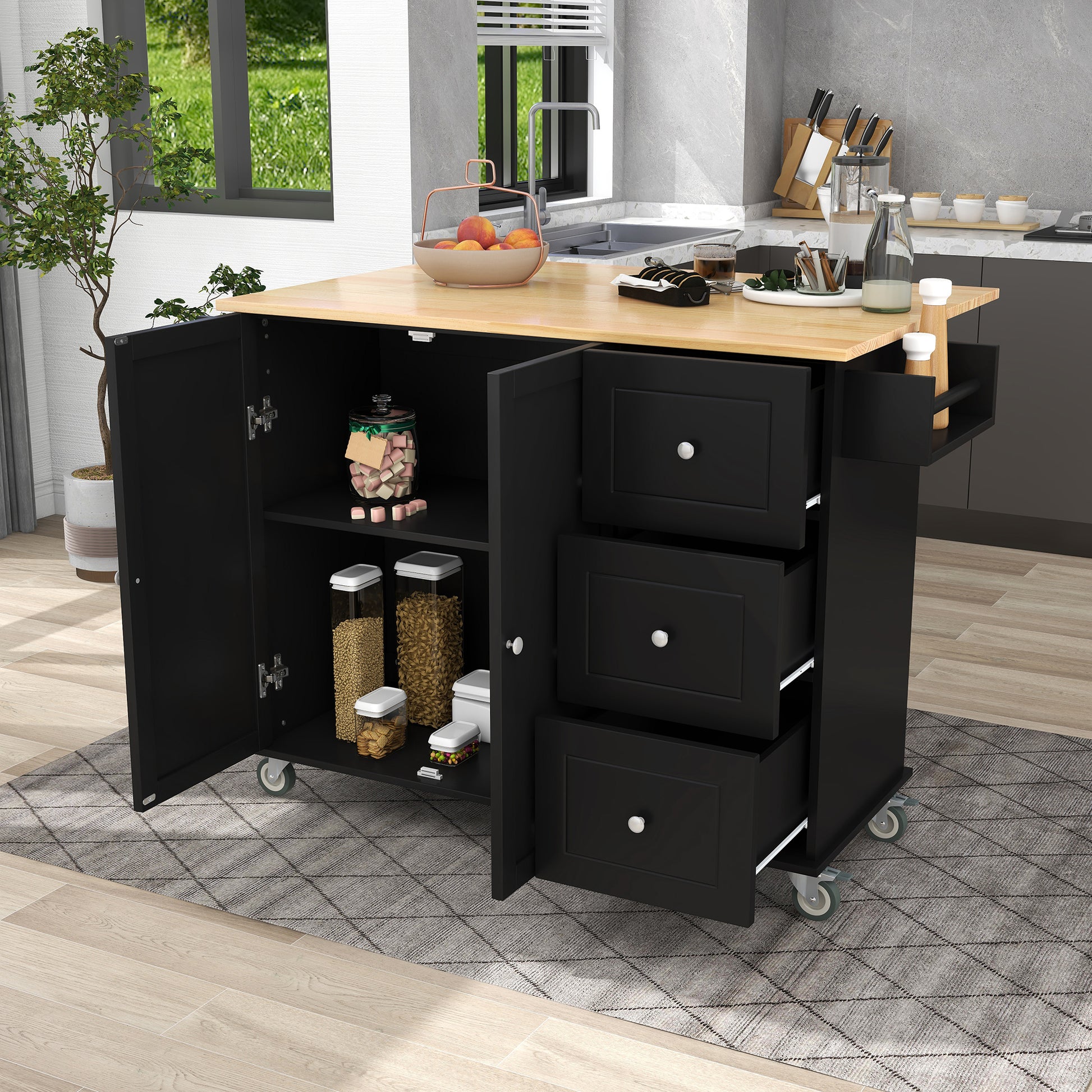 Rolling Mobile Kitchen Island With Solid Wood Top And Locking Wheels,52.7 Inch Width,Storage Cabinet And Drop Leaf Breakfast Bar,Spice Rack, Towel Rack & Drawer Black Black Mdf