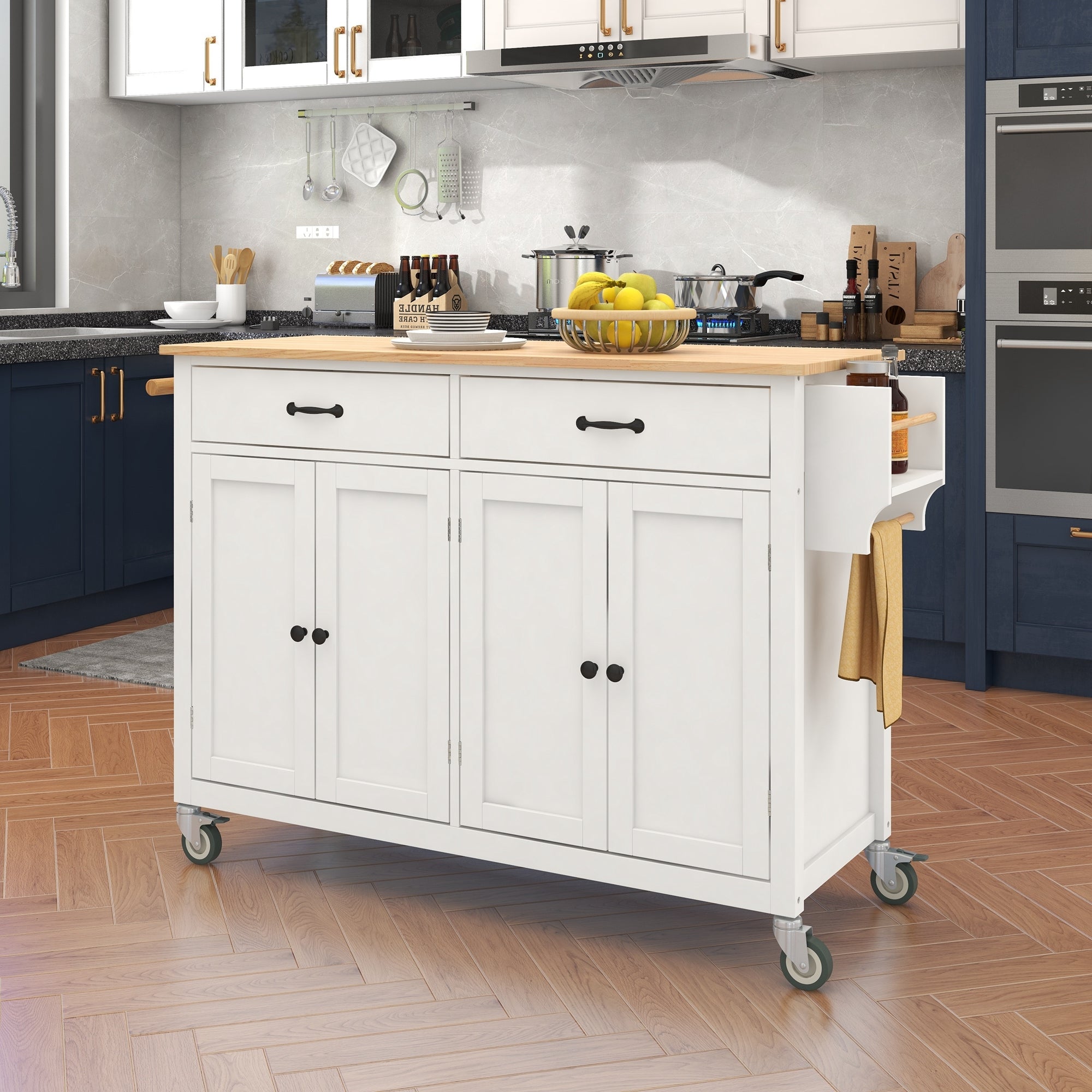 Kitchen Island Cart With Solid Wood Top And Locking Wheels,54.3 Inch Width,4 Door Cabinet And Two Drawers,Spice Rack, Towel Rack White White Mdf