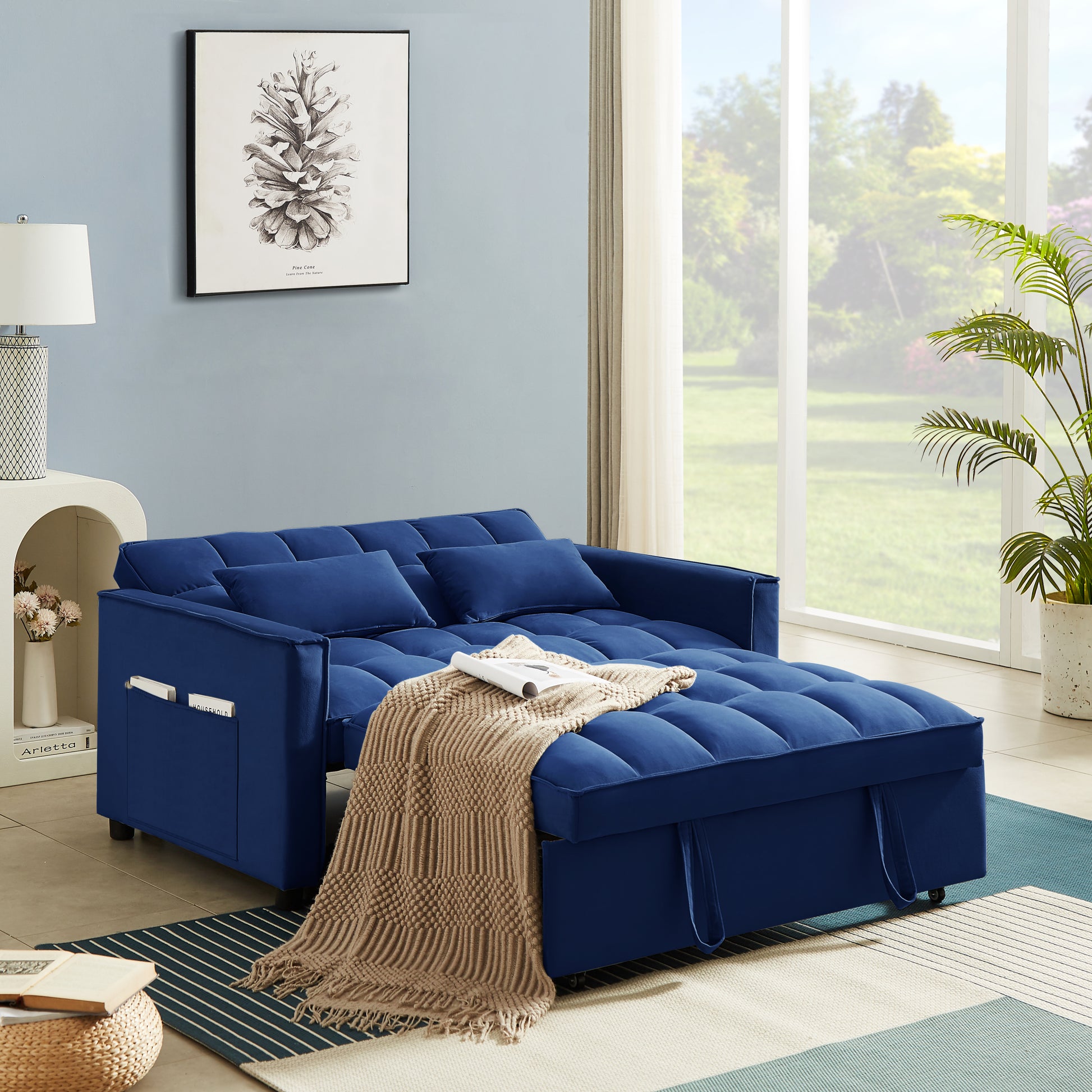 Modern Velvet Convertible Loveseat Sleeper Sofa Couch With Adjustable Backrest, 2 Seater Sofa With Pull Out Bed With 2 Lumbar Pillows For Small Living Room & Apartment Blue Foam Velvet