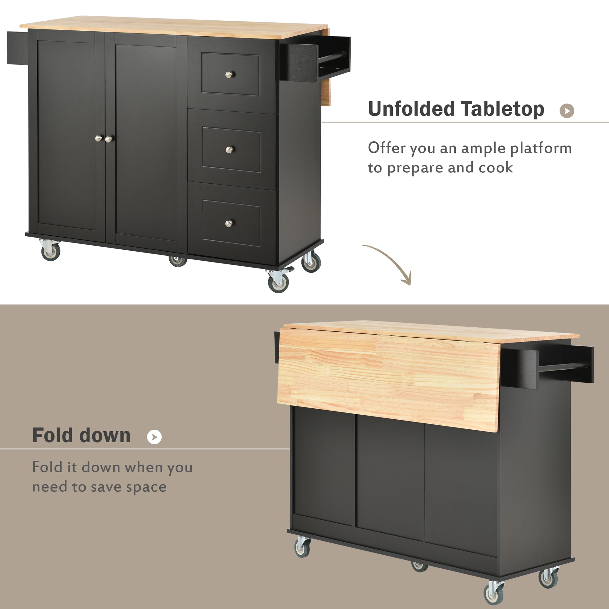 Rolling Mobile Kitchen Island With Solid Wood Top And Locking Wheels,52.7 Inch Width,Storage Cabinet And Drop Leaf Breakfast Bar,Spice Rack, Towel Rack & Drawer Black Black Mdf