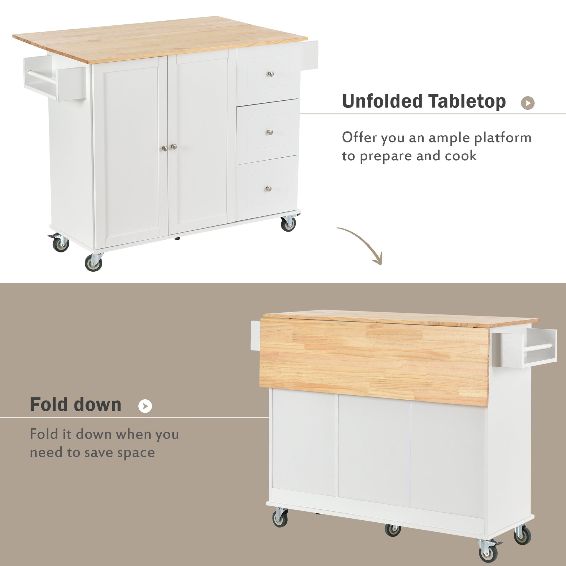 Rolling Mobile Kitchen Island With Solid Wood Top And Locking Wheels,52.7 Inch Width,Storage Cabinet And Drop Leaf Breakfast Bar,Spice Rack, Towel Rack & Drawer White White Mdf