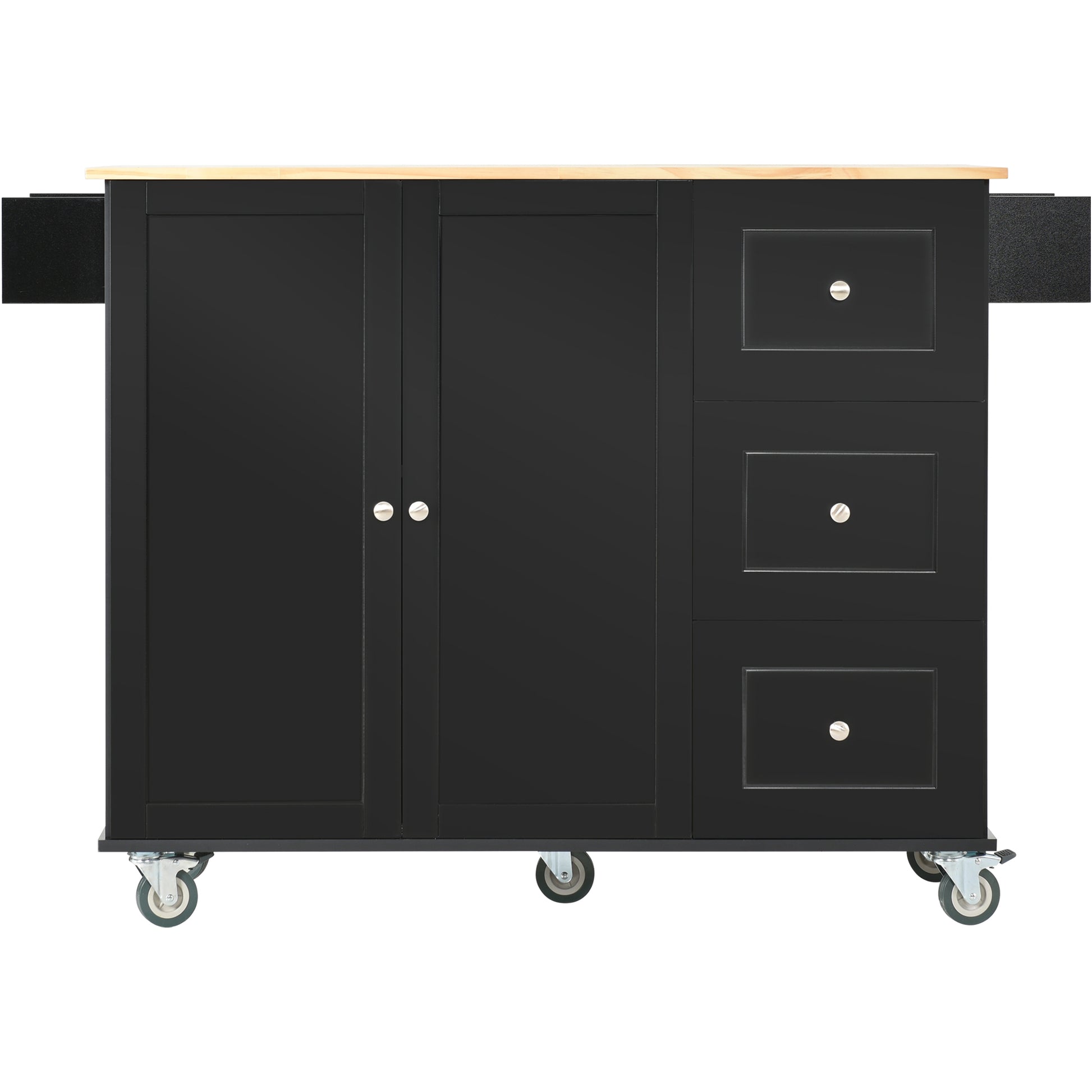 Rolling Mobile Kitchen Island With Solid Wood Top And Locking Wheels,52.7 Inch Width,Storage Cabinet And Drop Leaf Breakfast Bar,Spice Rack, Towel Rack & Drawer Black Black Mdf