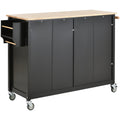 Kitchen Island Cart With Solid Wood Top And Locking Wheels,54.3 Inch Width,4 Door Cabinet And Two Drawers,Spice Rack, Towel Rack Black Black Mdf