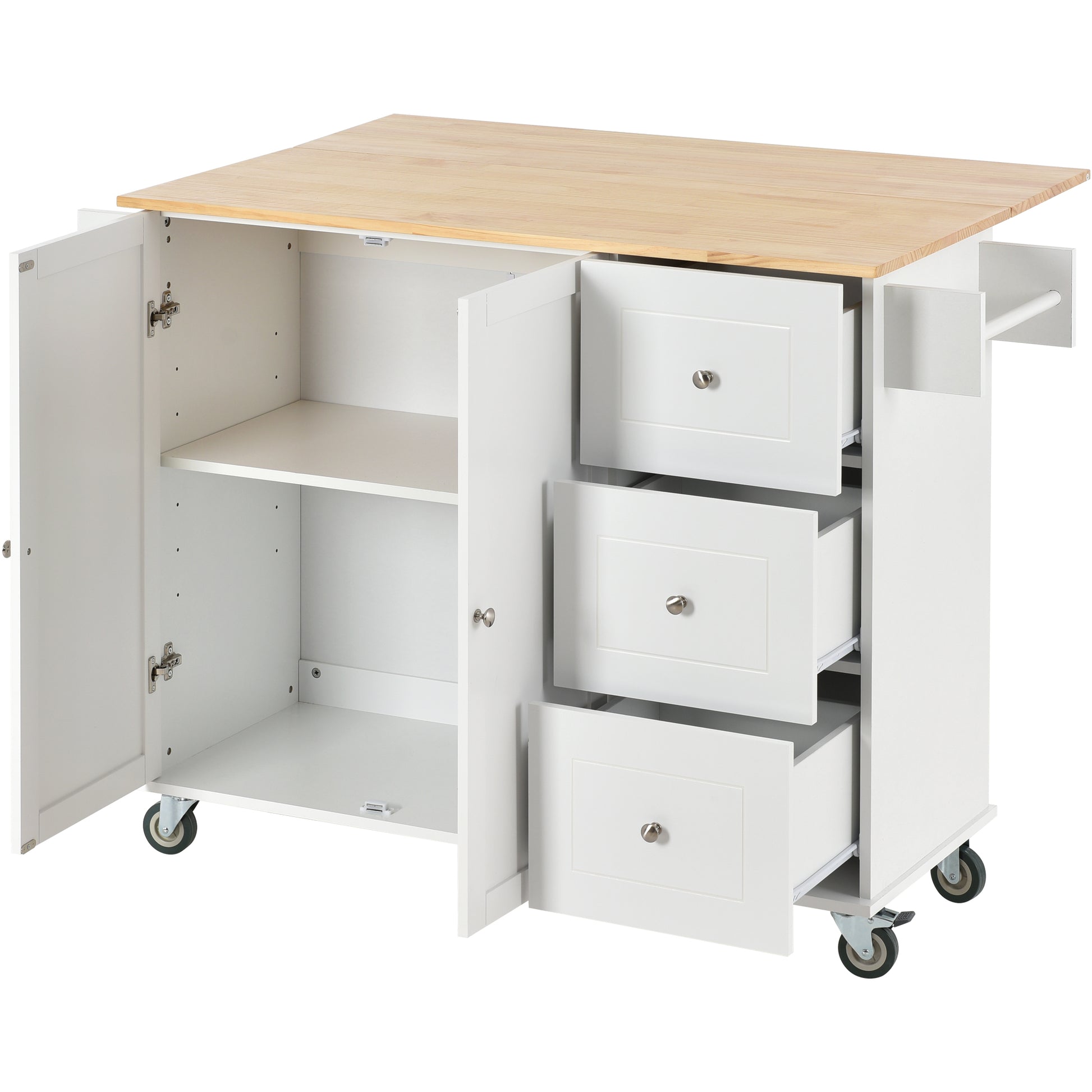 Rolling Mobile Kitchen Island With Solid Wood Top And Locking Wheels,52.7 Inch Width,Storage Cabinet And Drop Leaf Breakfast Bar,Spice Rack, Towel Rack & Drawer White White Mdf