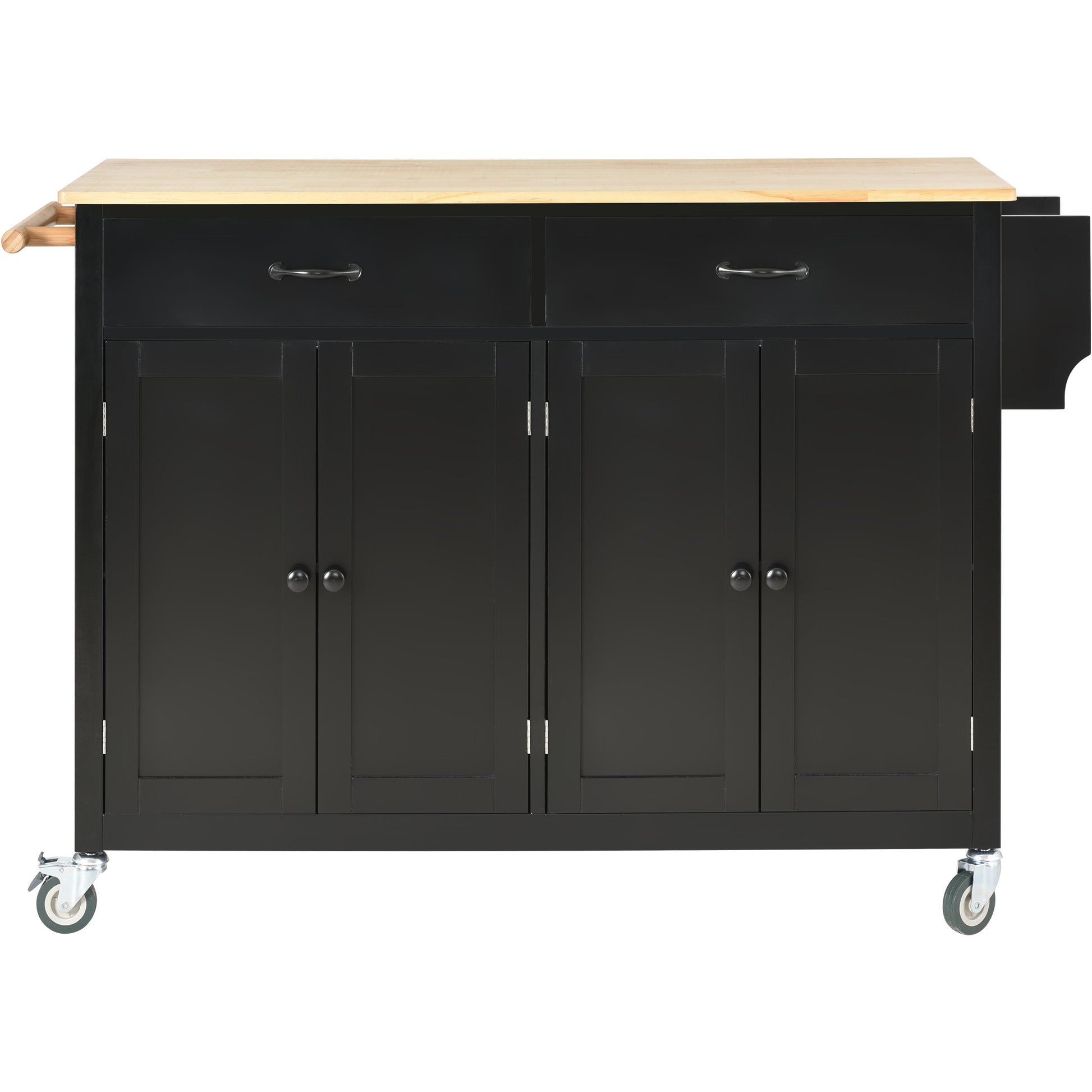 Kitchen Island Cart With Solid Wood Top And Locking Wheels,54.3 Inch Width,4 Door Cabinet And Two Drawers,Spice Rack, Towel Rack Black Black Mdf