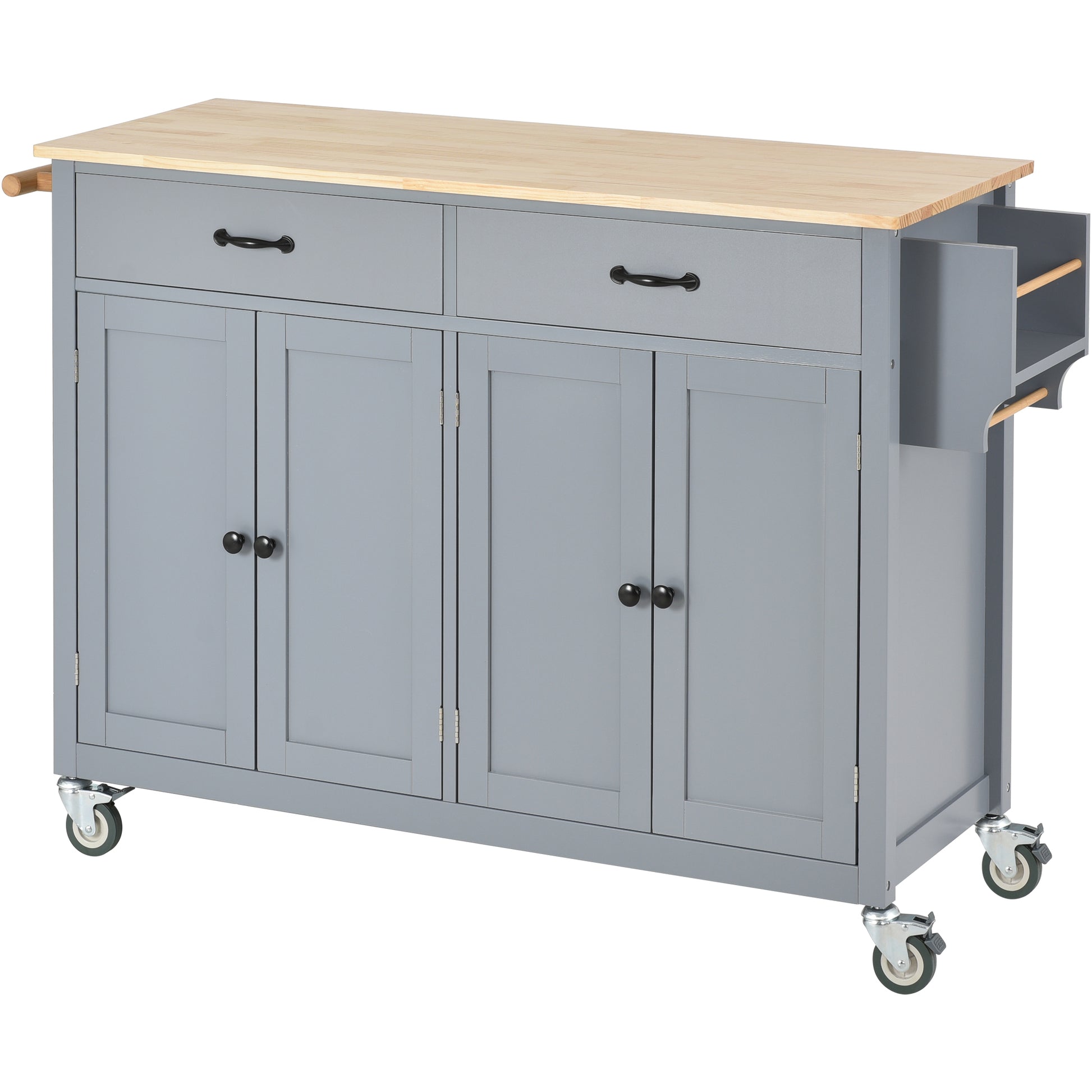 Kitchen Island Cart With Solid Wood Top And Locking Wheels,54.3 Inch Width,4 Door Cabinet And Two Drawers,Spice Rack, Towel Rack Grey Blue Blue Mdf