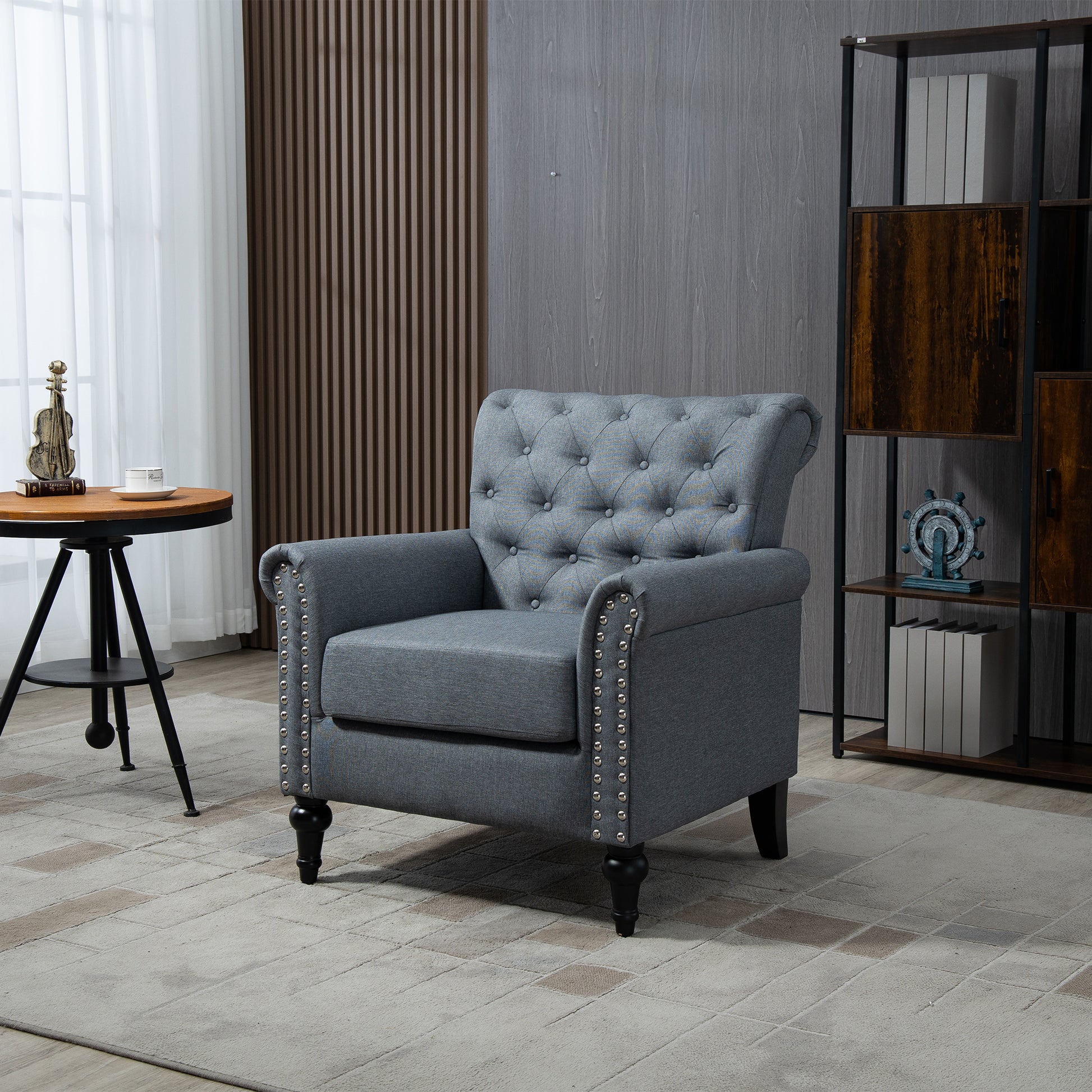 Mid Century Modern Accent Chair, Linen Armchair W Tufted Back Wood Legs, Upholstered Lounge Arm Chair Single Sofa For Living Room Bedroom, Gray Gray Foam Linen