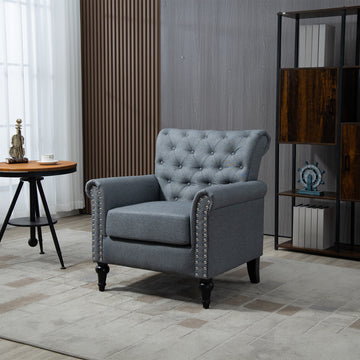 Mid Century Modern Accent Chair, Linen Armchair W Tufted Back Wood Legs, Upholstered Lounge Arm Chair Single Sofa For Living Room Bedroom, Gray Gray Foam Linen