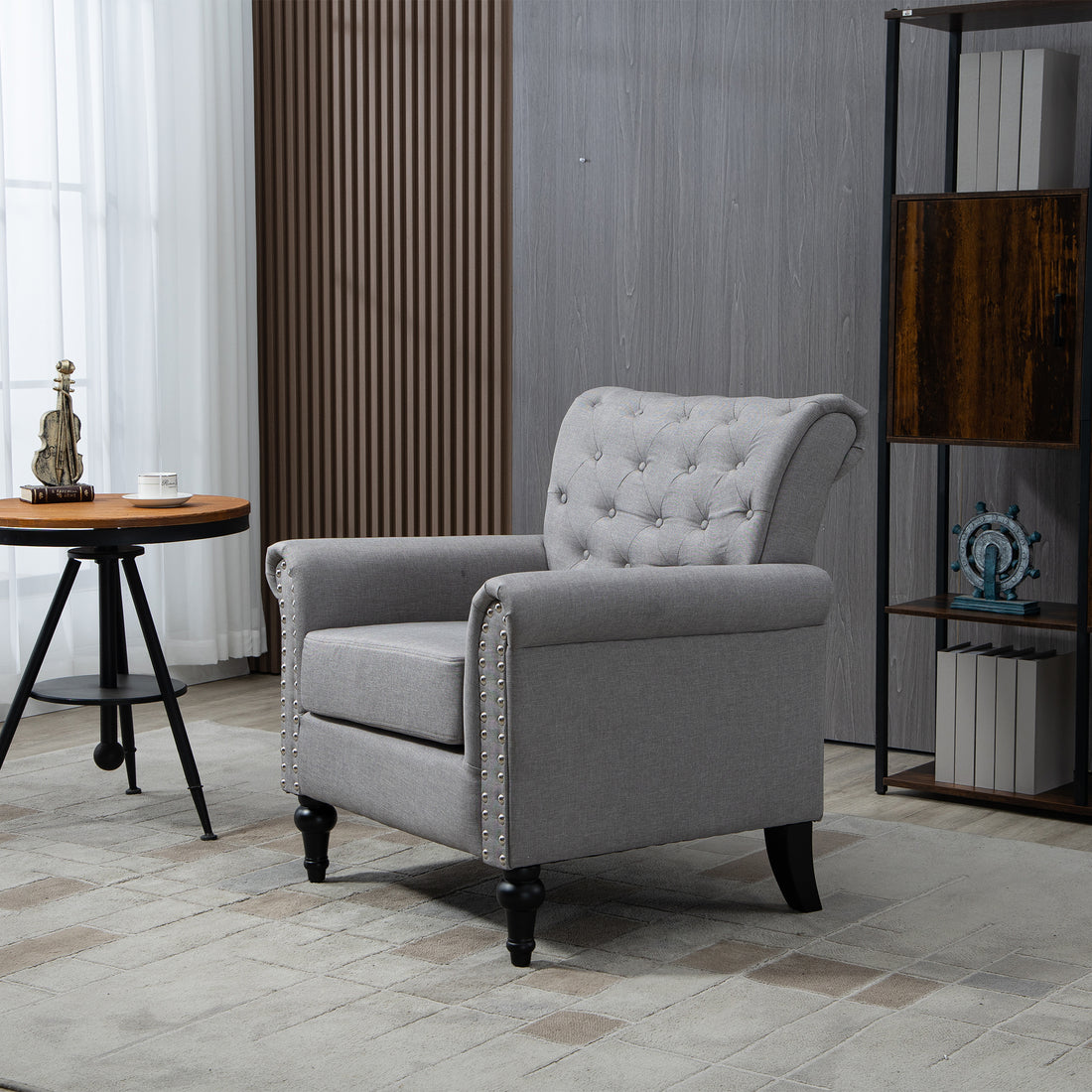 Mid Century Modern Accent Chair, Linen Armchair W Tufted Back Wood Legs, Upholstered Lounge Arm Chair Single Sofa For Living Room Bedroom, Light Grey Light Gray Foam Linen