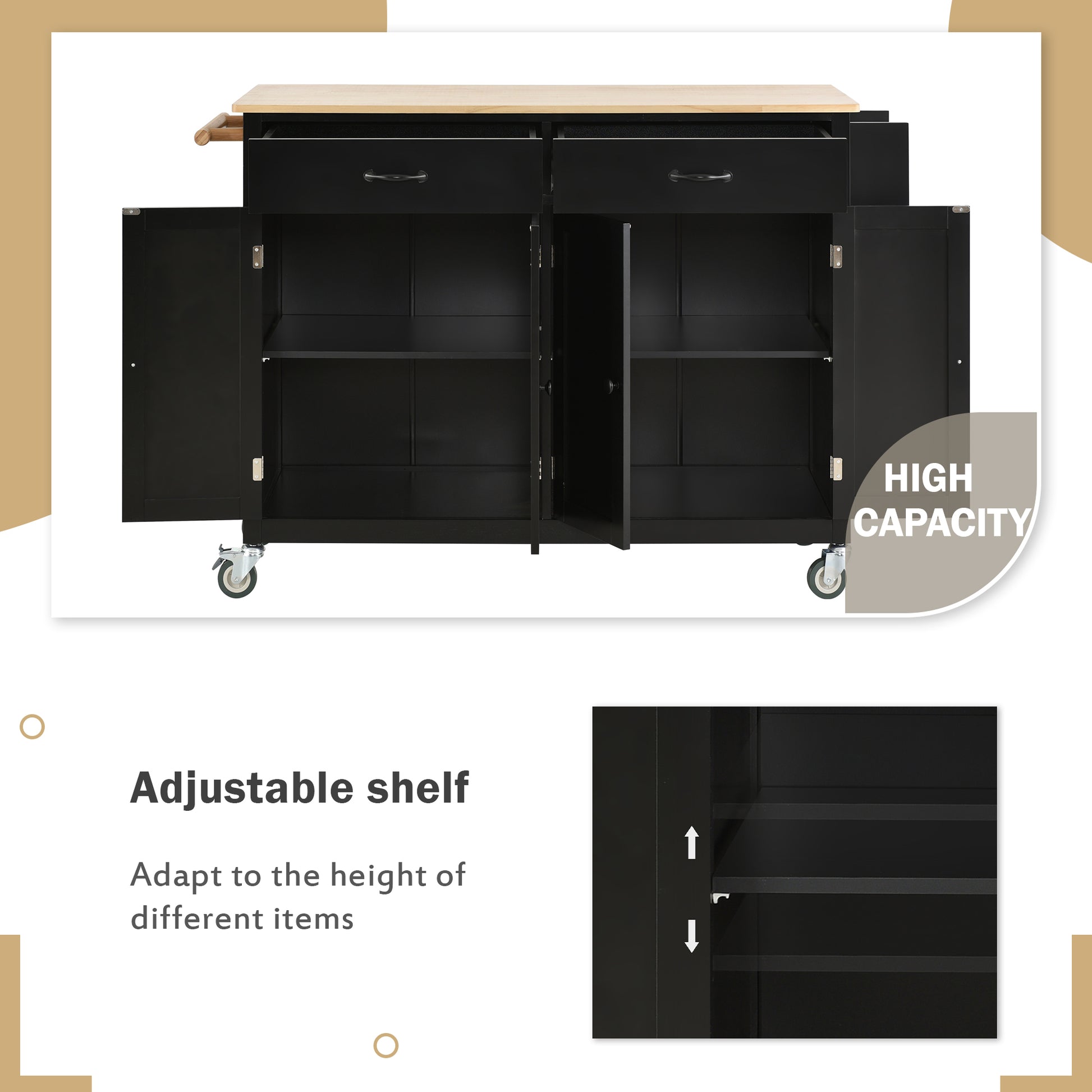 Kitchen Island Cart With Solid Wood Top And Locking Wheels,54.3 Inch Width,4 Door Cabinet And Two Drawers,Spice Rack, Towel Rack Black Black Mdf