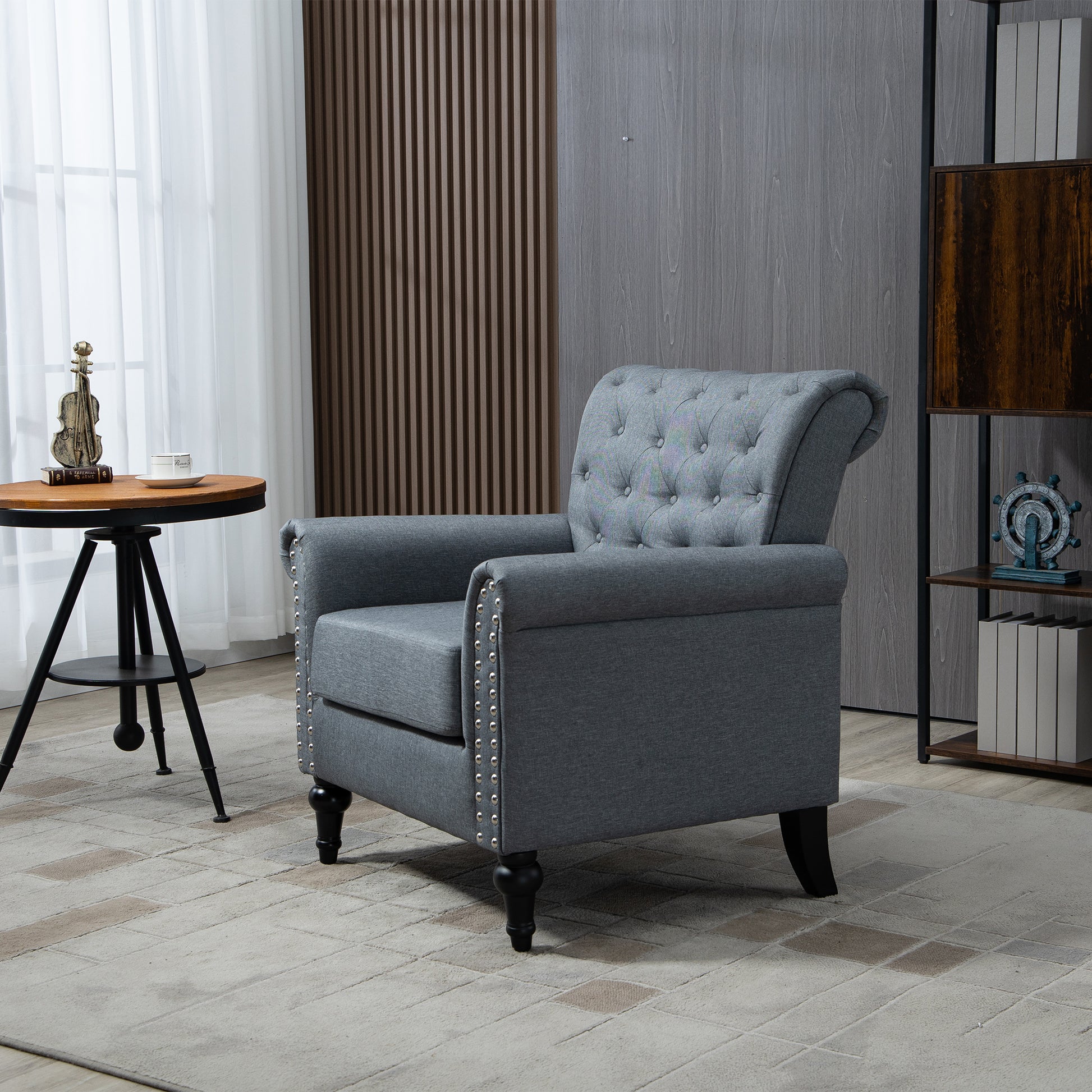 Mid Century Modern Accent Chair, Linen Armchair W Tufted Back Wood Legs, Upholstered Lounge Arm Chair Single Sofa For Living Room Bedroom, Gray Gray Foam Linen