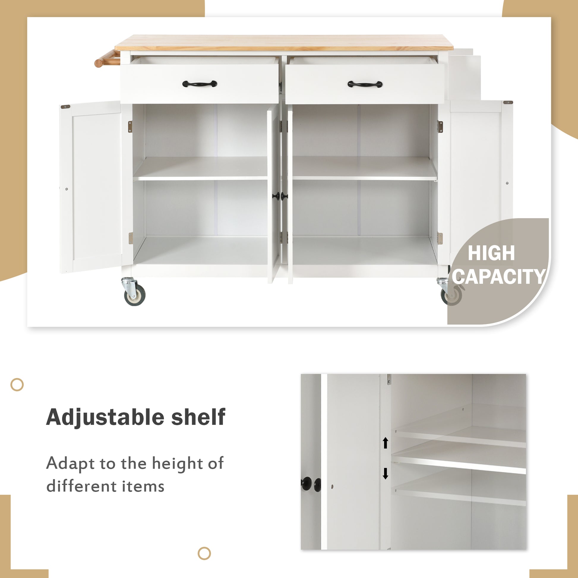 Kitchen Island Cart With Solid Wood Top And Locking Wheels,54.3 Inch Width,4 Door Cabinet And Two Drawers,Spice Rack, Towel Rack White White Mdf