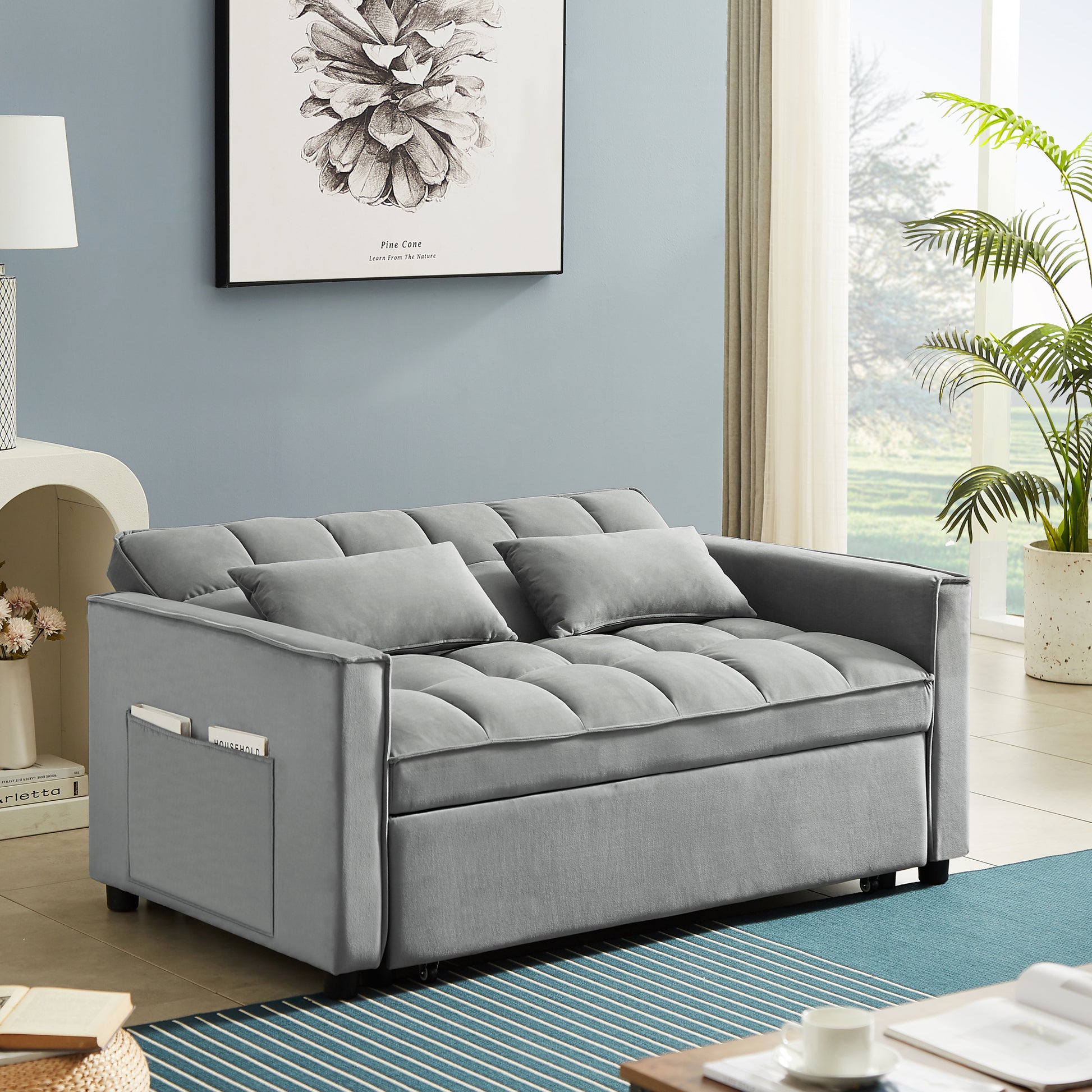 Modern Velvet Convertible Loveseat Sleeper Sofa Couch With Adjustable Backrest, 2 Seater Sofa With Pull Out Bed With 2 Lumbar Pillows For Small Living Room & Apartment Blue Foam Velvet