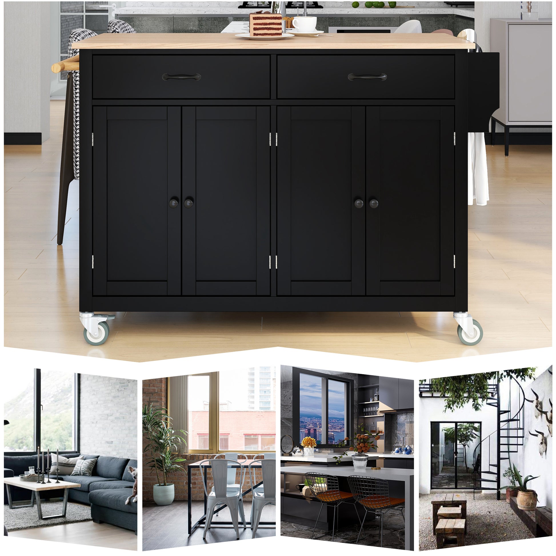 Kitchen Island Cart With Solid Wood Top And Locking Wheels,54.3 Inch Width,4 Door Cabinet And Two Drawers,Spice Rack, Towel Rack Black Black Mdf