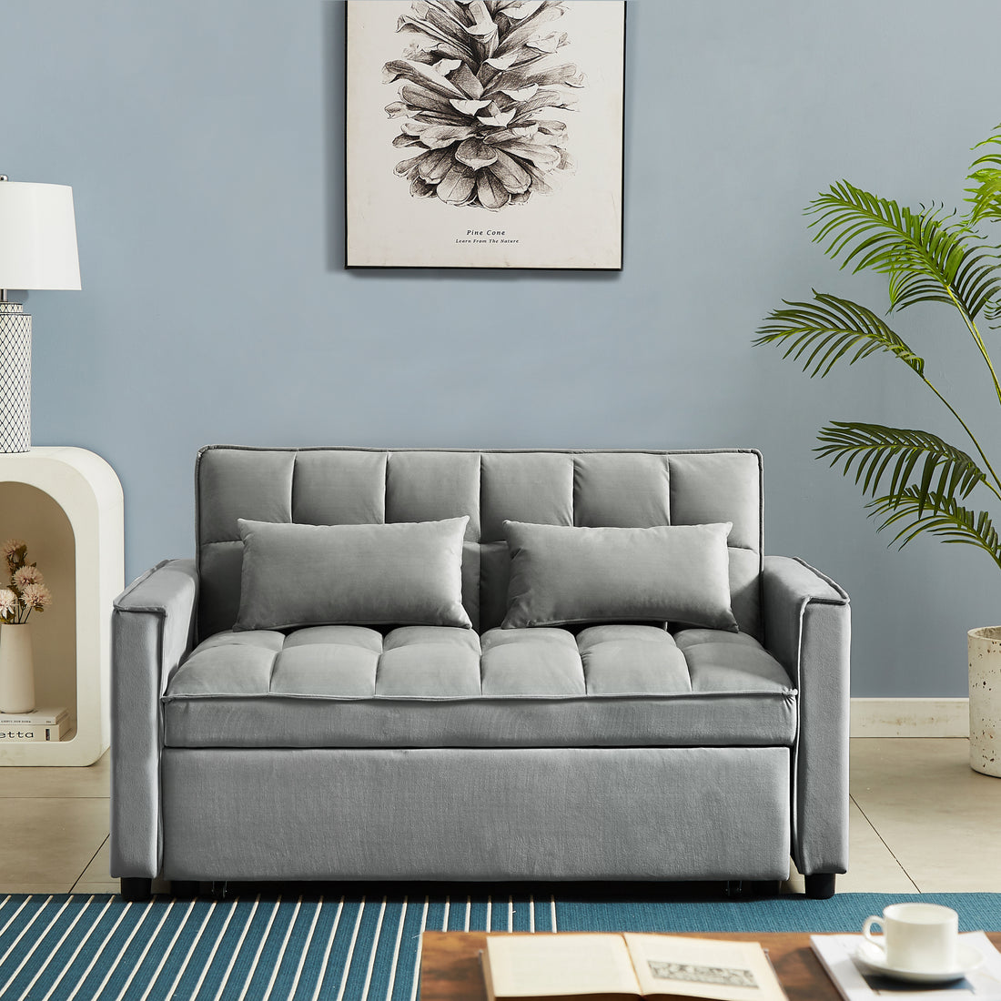 Modern Velvet Convertible Loveseat Sleeper Sofa Couch With Adjustable Backrest, 2 Seater Sofa With Pull Out Bed With 2 Lumbar Pillows For Small Living Room & Apartment Blue Foam Velvet