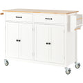 Kitchen Island Cart With Solid Wood Top And Locking Wheels,54.3 Inch Width,4 Door Cabinet And Two Drawers,Spice Rack, Towel Rack White White Mdf