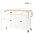 Kitchen Island Cart With Solid Wood Top And Locking Wheels,54.3 Inch Width,4 Door Cabinet And Two Drawers,Spice Rack, Towel Rack White White Mdf