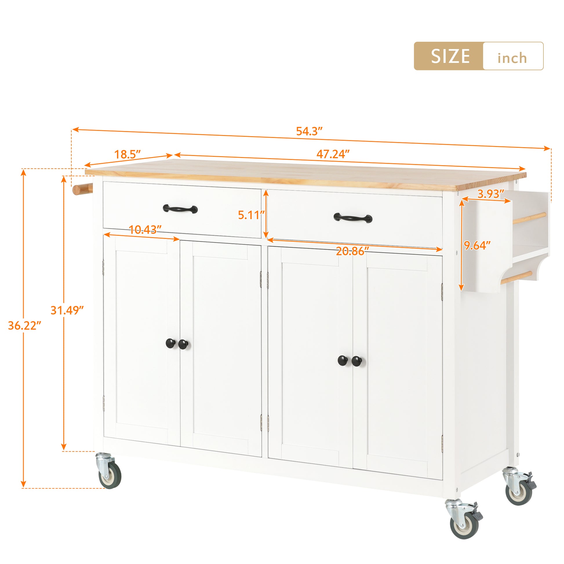 Kitchen Island Cart With Solid Wood Top And Locking Wheels,54.3 Inch Width,4 Door Cabinet And Two Drawers,Spice Rack, Towel Rack White White Mdf