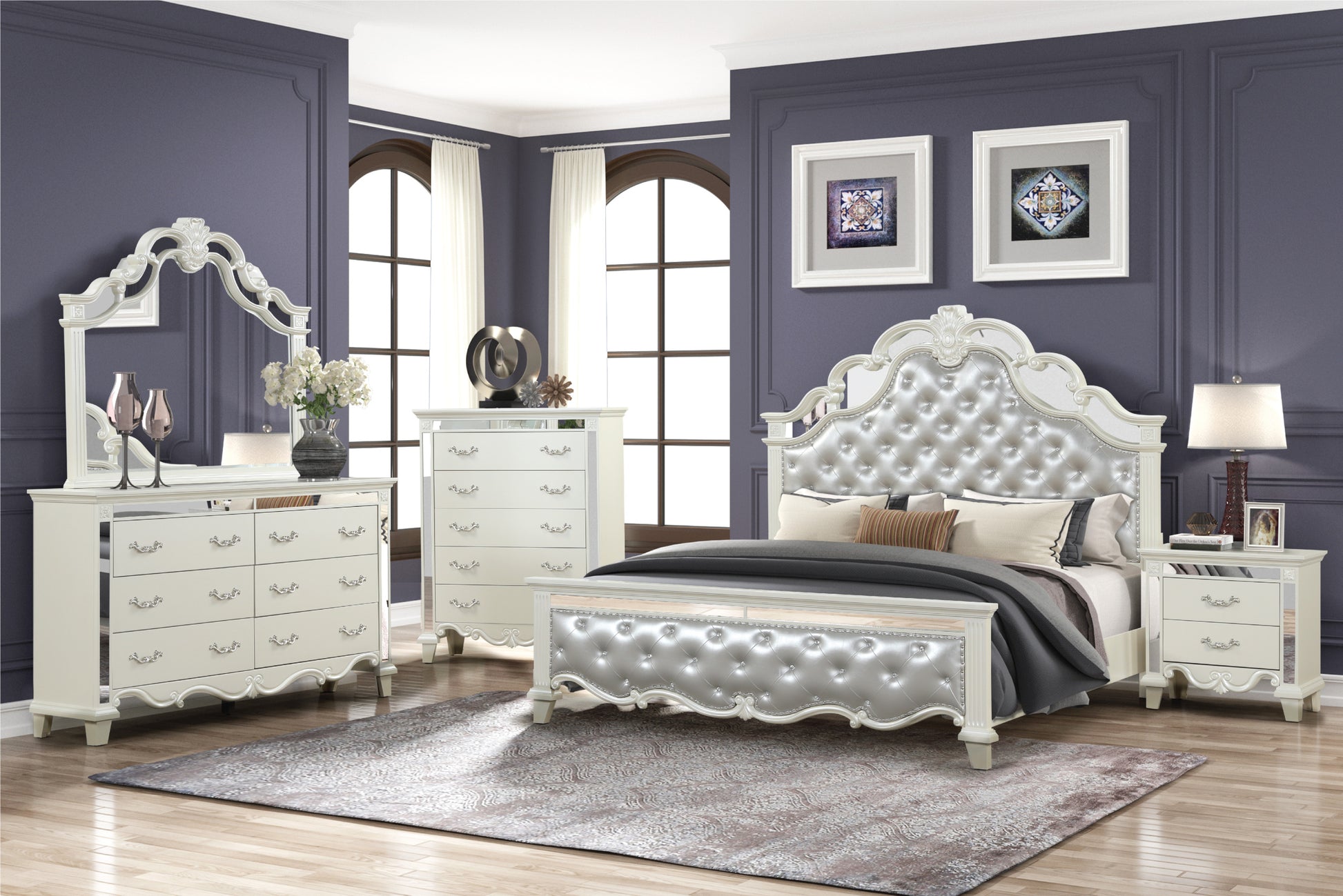 Milan King 5 Pc Tufted Upholstery Bedroom Set Made With Wood In White Box Spring Required King White Wood 5 Piece Set Bedroom Bed Included,Chest Included,Dresser Included,Mirror Included,Nightstand Included Contemporary,Modern Upholstered Velvet Tufted