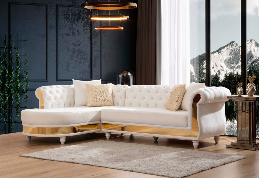 Julia Gold Detailed Tufted Upholstery Sectional Made With Wood In Off White Beige Velvet Wood Primary Living Space Soft Cushion Back Contemporary,Modern L Shaped Rolled Arms Solid Wood Mdf Velvet 6 Seat