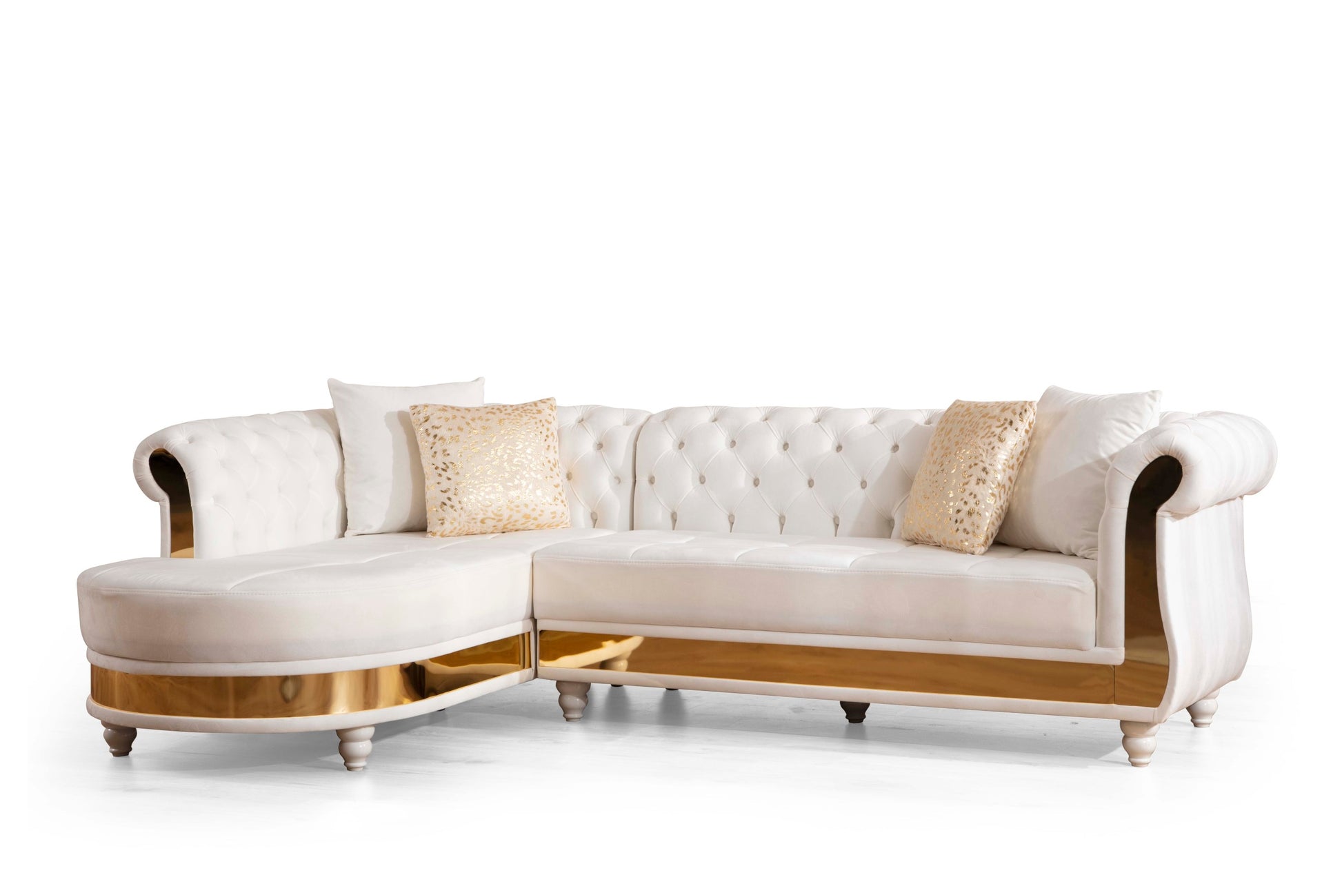 Julia Gold Detailed Tufted Upholstery Sectional Made With Wood In Off White Beige Velvet Wood Primary Living Space Soft Cushion Back Contemporary,Modern L Shaped Rolled Arms Solid Wood Mdf Velvet 6 Seat