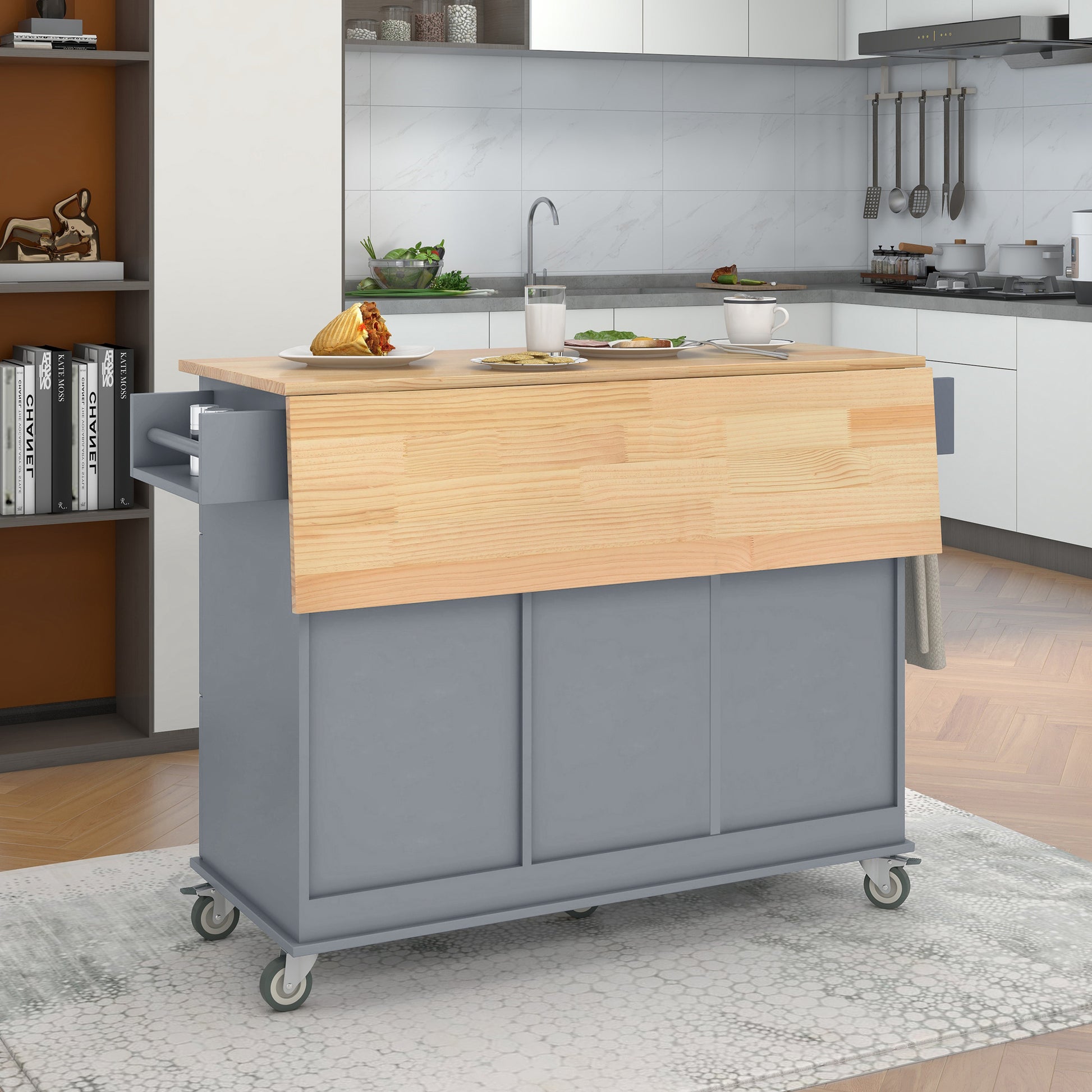 Rolling Mobile Kitchen Island With Solid Wood Top And Locking Wheels,52.7 Inch Width,Storage Cabinet And Drop Leaf Breakfast Bar,Spice Rack, Towel Rack & Drawer Grey Blue Blue Grey Mdf