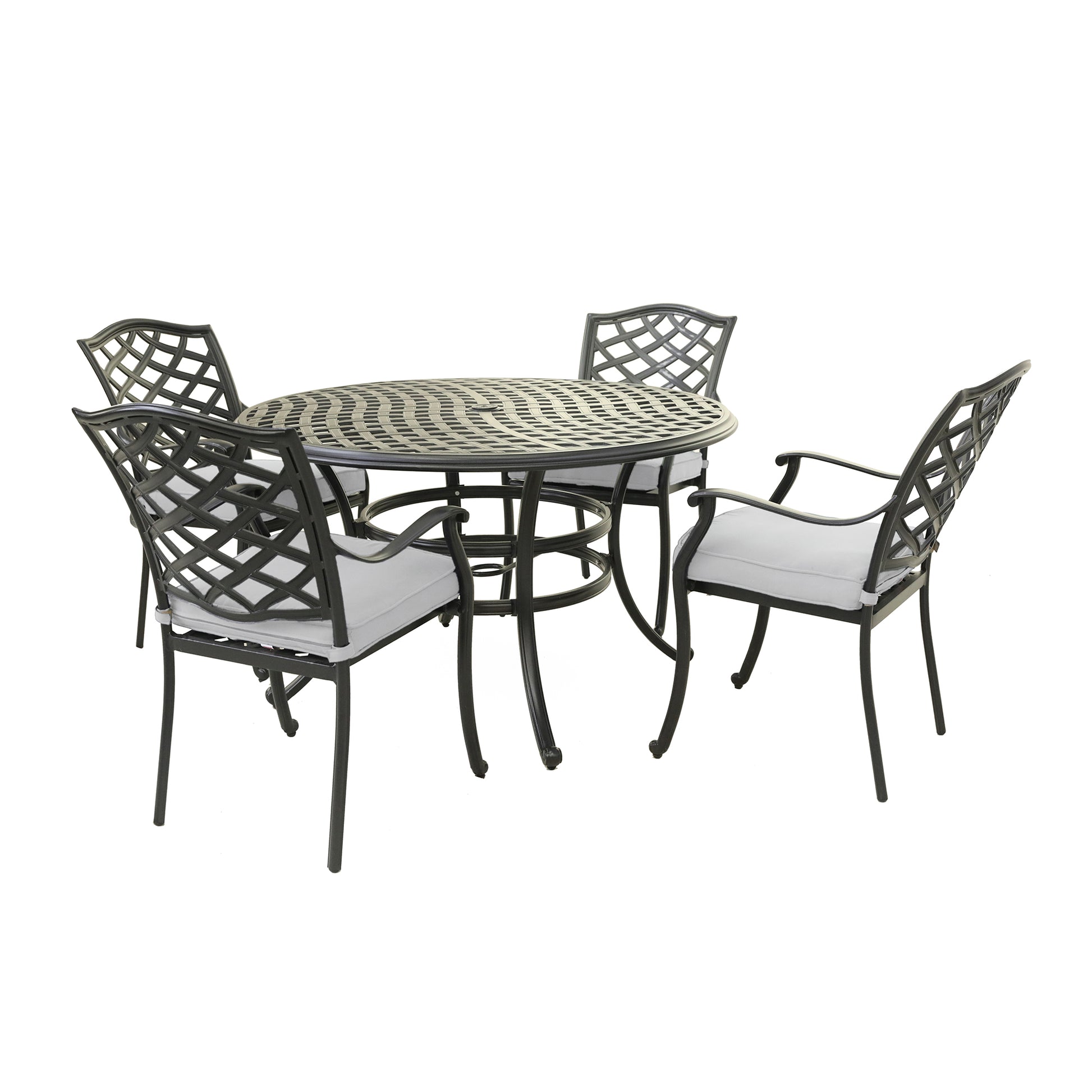 Outdoor Aluminum 5 Piece Round Dining Set With 4 Arm Chairs, Cast Silver Brown Ivory Polyester Aluminum