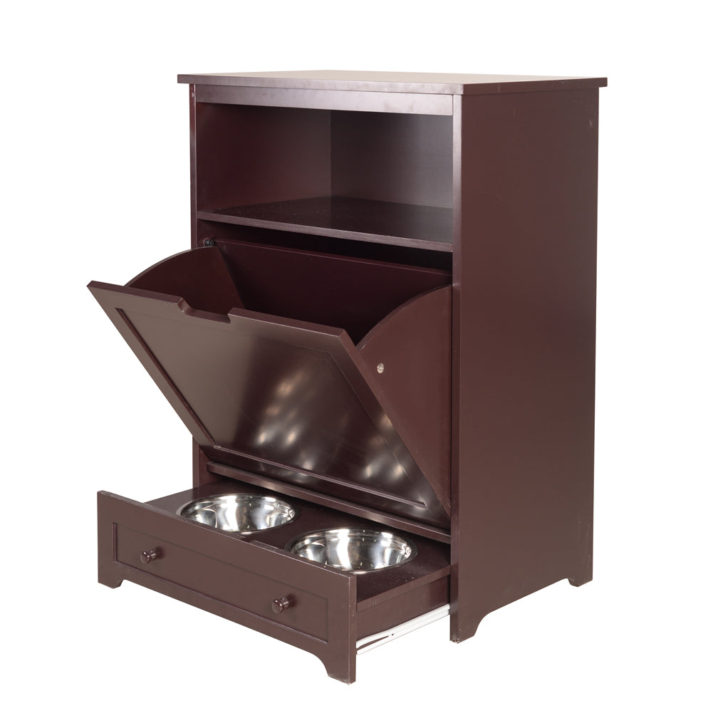 Pet Feeder Station With Storage,Made Of Mdf And Waterproof Painted,Dog And Cat Feeder Cabinet With Stainless Bowl Brown Mdf