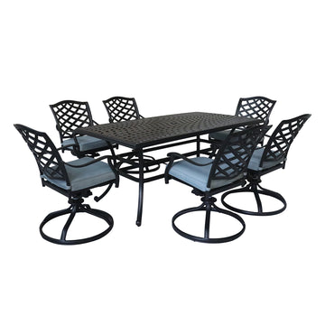 Aluminum 7 Piece Rectangular Dining Set With 6 Swivel Rockers, Light Blue Light Blue Polyester Aluminum