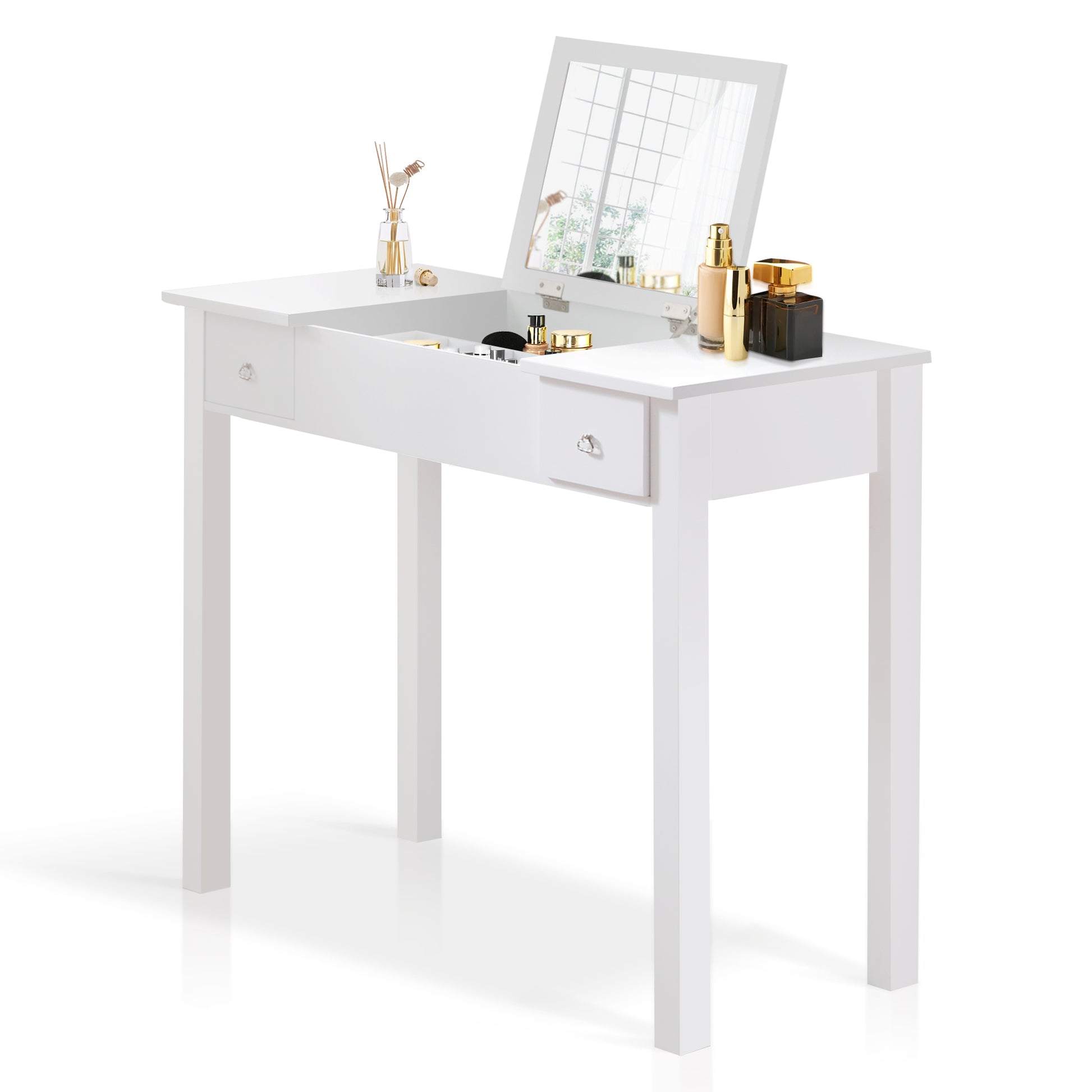 Accent White Vanity Table With Flip Top Mirror And 2 Drawers, Jewelry Storage For Women Dressing White Mdf