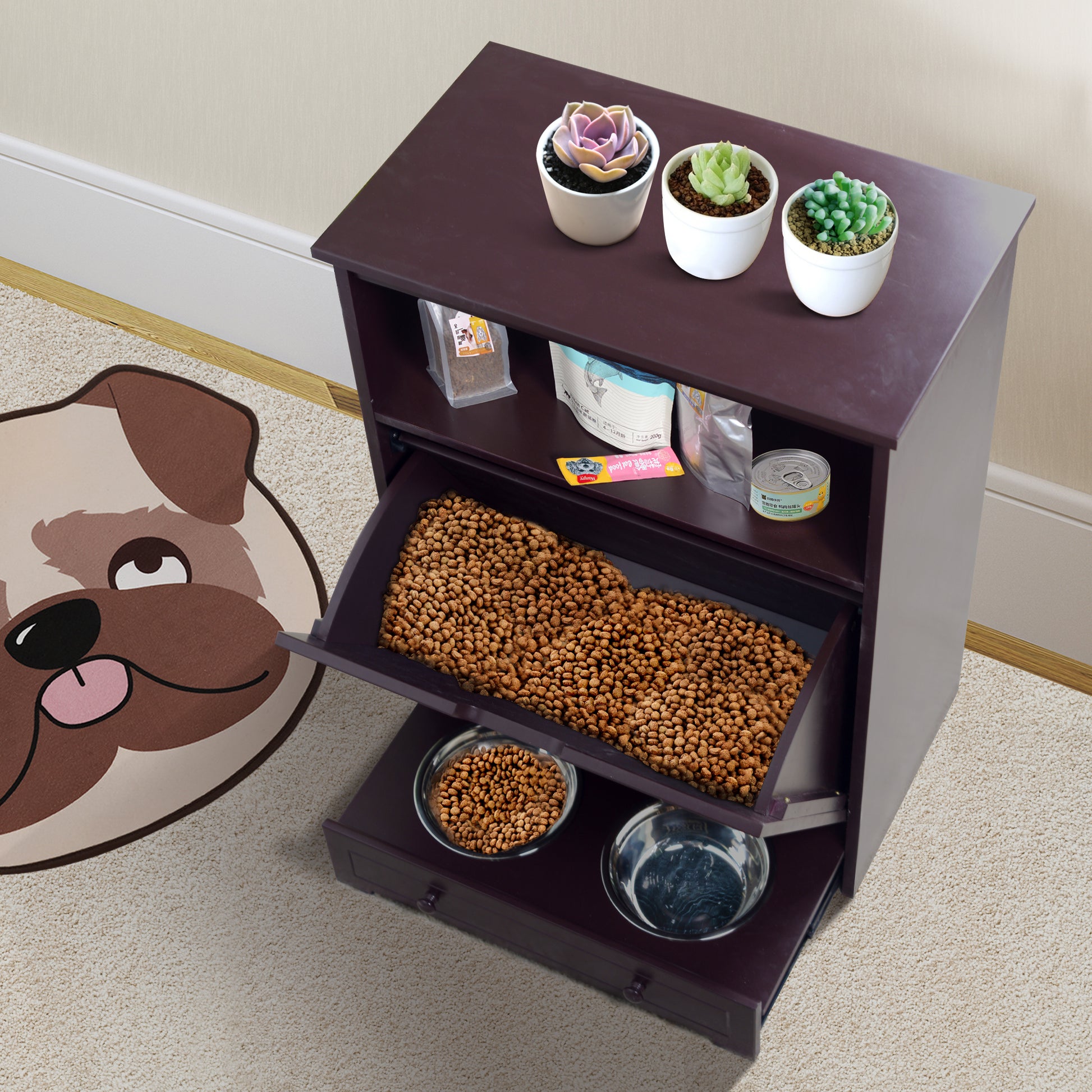 Pet Feeder Station With Storage,Made Of Mdf And Waterproof Painted,Dog And Cat Feeder Cabinet With Stainless Bowl Brown Mdf