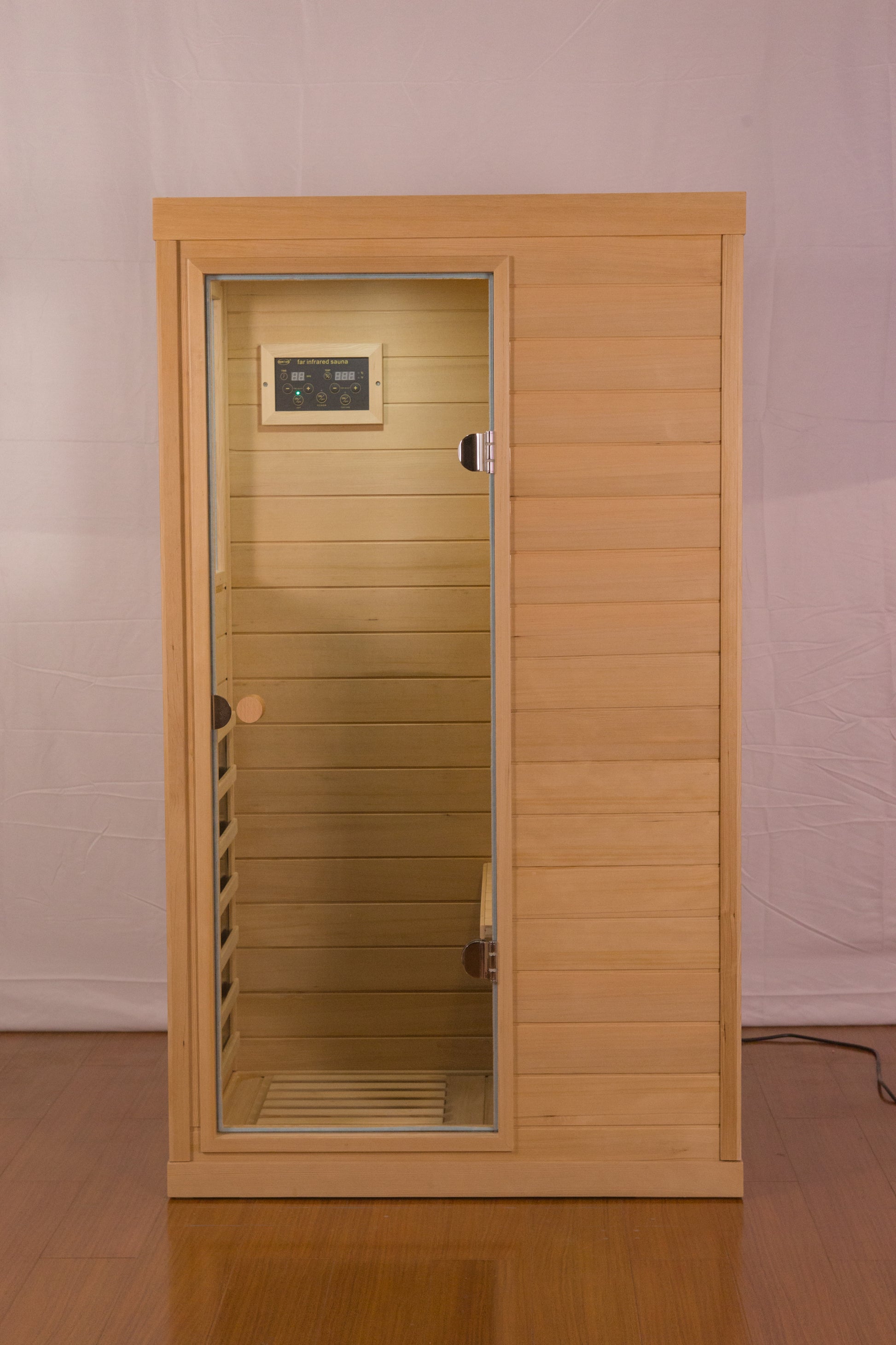 Hemlock Mini One Person Far Infrared Door On The Left Of The Indoor Sauna Room Natural Solid Wood
