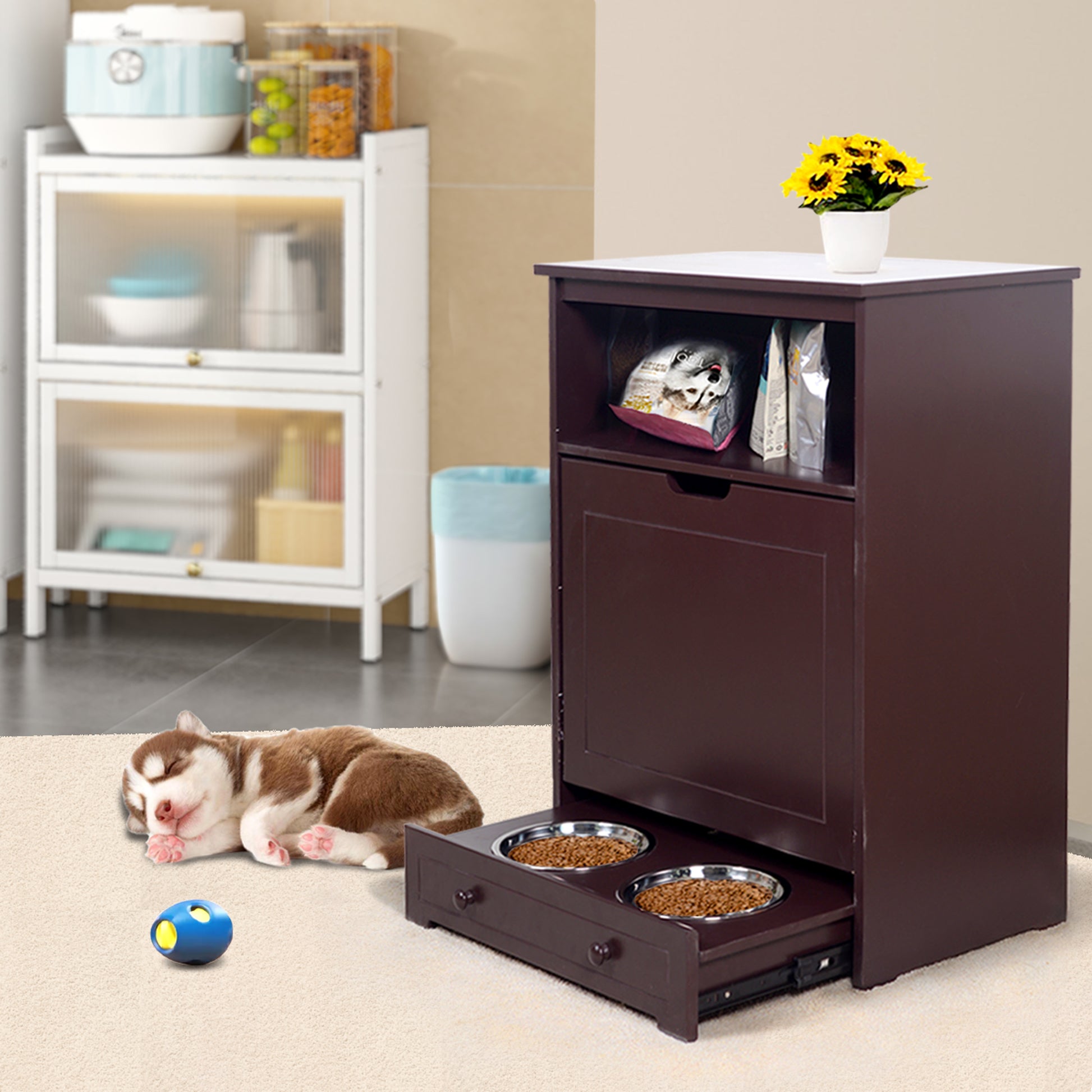 Pet Feeder Station With Storage,Made Of Mdf And Waterproof Painted,Dog And Cat Feeder Cabinet With Stainless Bowl Brown Mdf