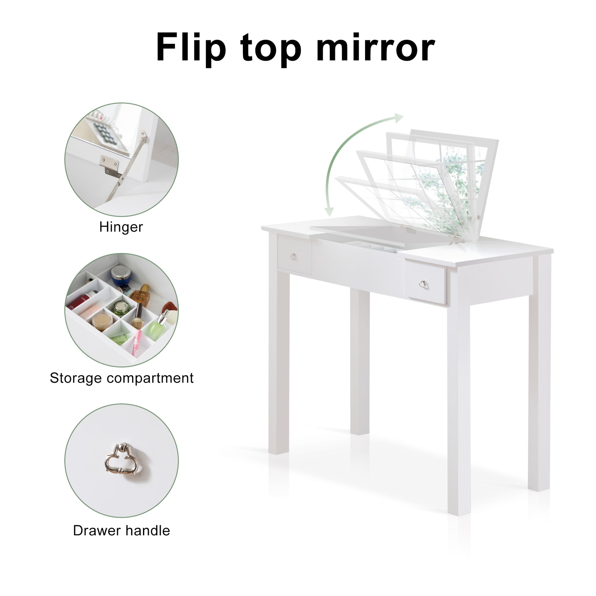 Accent White Vanity Table With Flip Top Mirror And 2 Drawers, Jewelry Storage For Women Dressing White Mdf