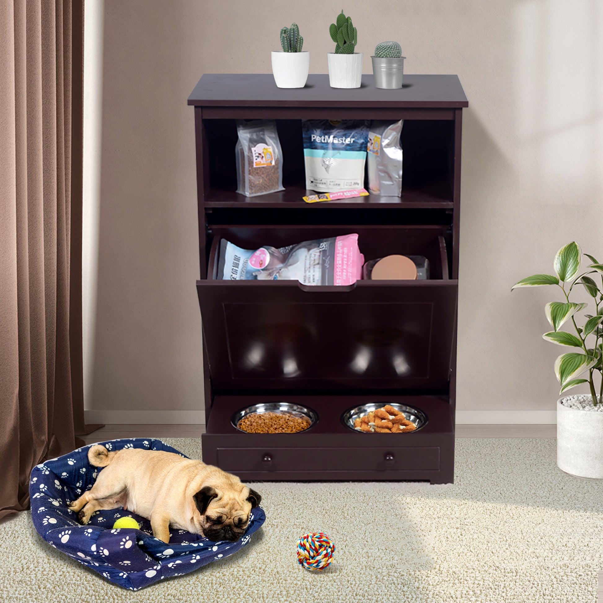 Pet Feeder Station With Storage,Made Of Mdf And Waterproof Painted,Dog And Cat Feeder Cabinet With Stainless Bowl Brown Mdf