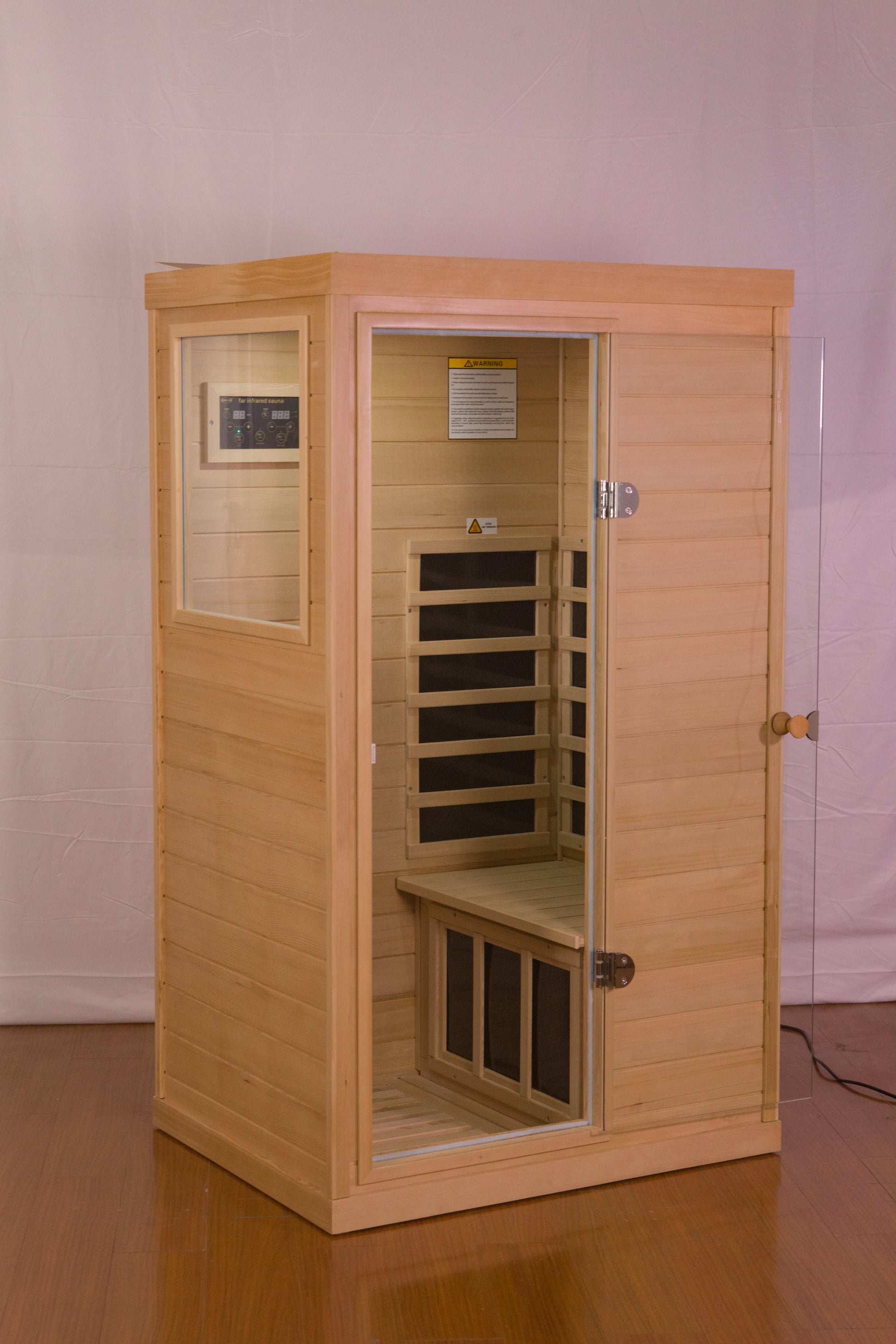 Hemlock Mini One Person Far Infrared Door On The Left Of The Indoor Sauna Room Natural Solid Wood