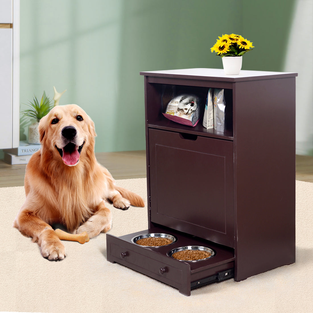 Pet Feeder Station With Storage,Made Of Mdf And Waterproof Painted,Dog And Cat Feeder Cabinet With Stainless Bowl Brown Mdf