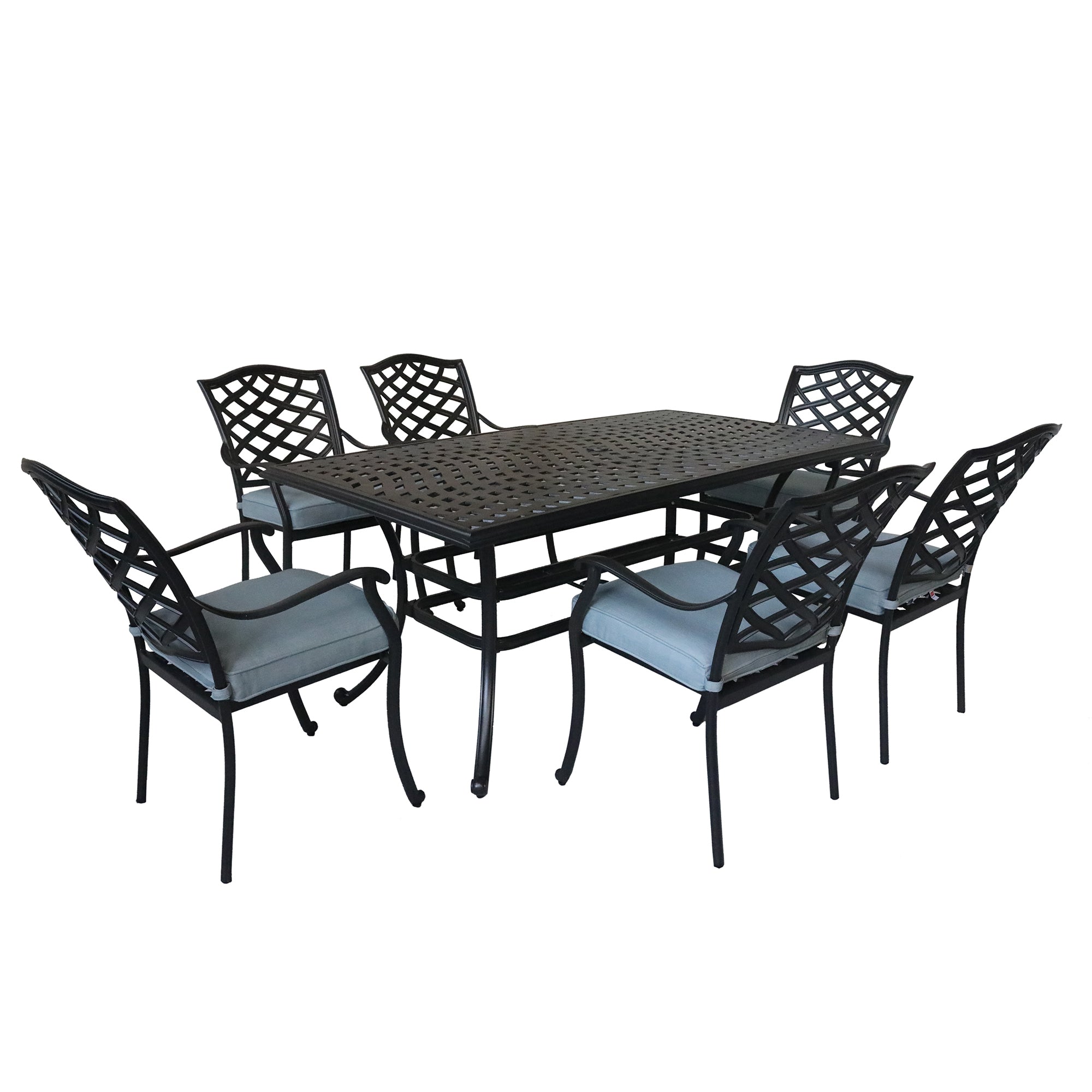 Aluminum 7 Piece Rectangular Dining Set With 6 Arm Chairs, Light Blue Light Blue Polyester Aluminum