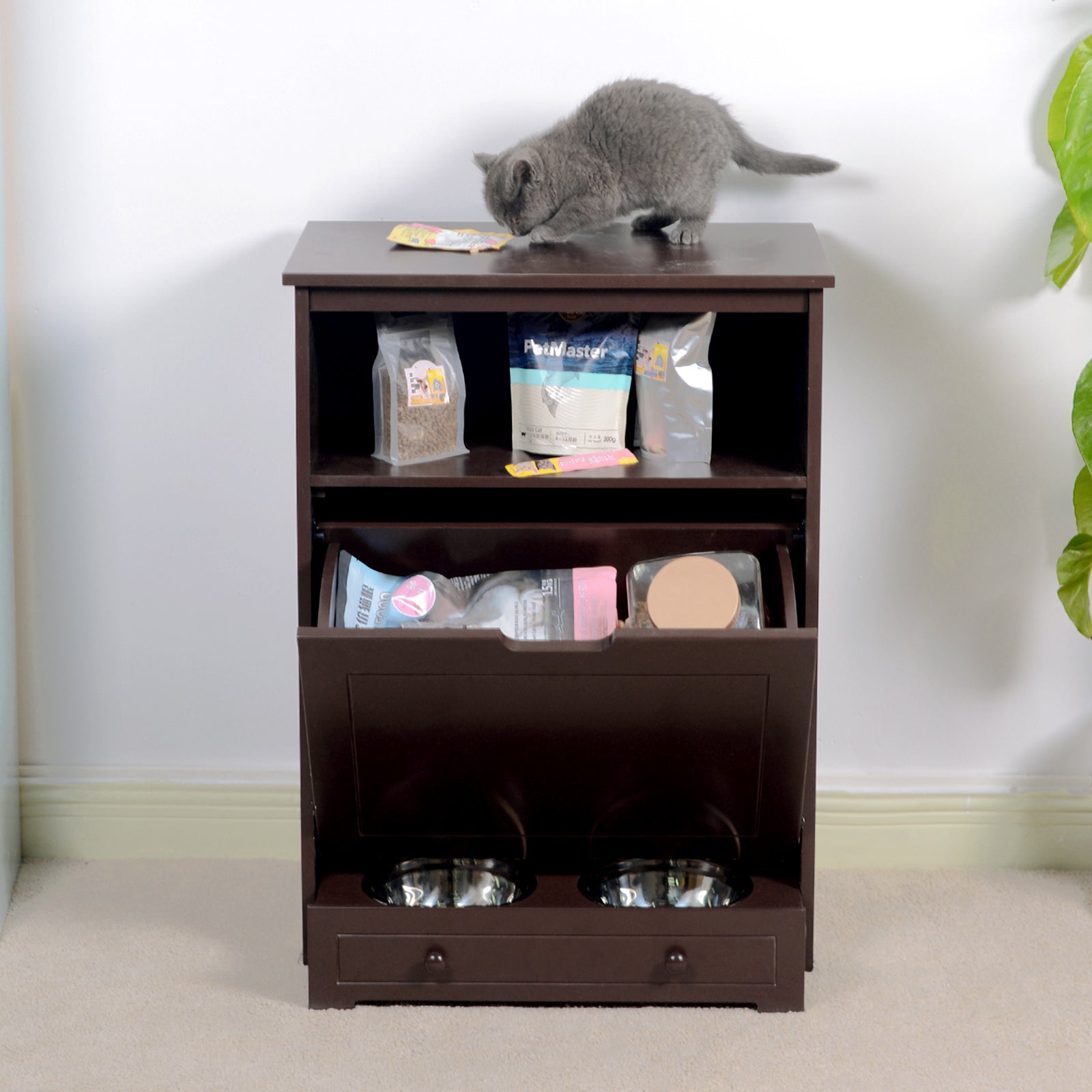 Pet Feeder Station With Storage,Made Of Mdf And Waterproof Painted,Dog And Cat Feeder Cabinet With Stainless Bowl Brown Mdf