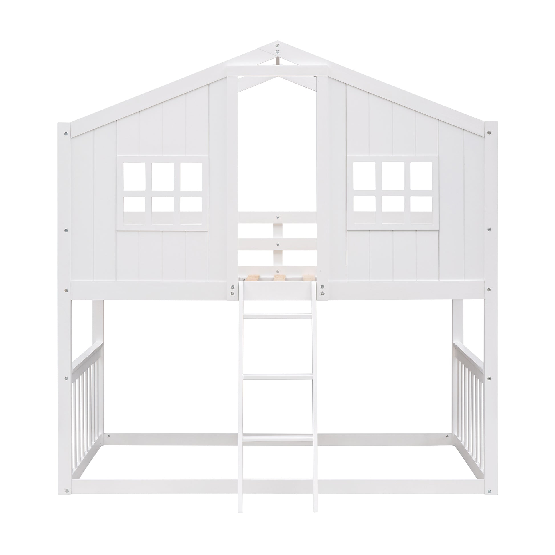 Twin Over Twin House Bunk Bed With Ladder, Wood Bed White White Solid Wood