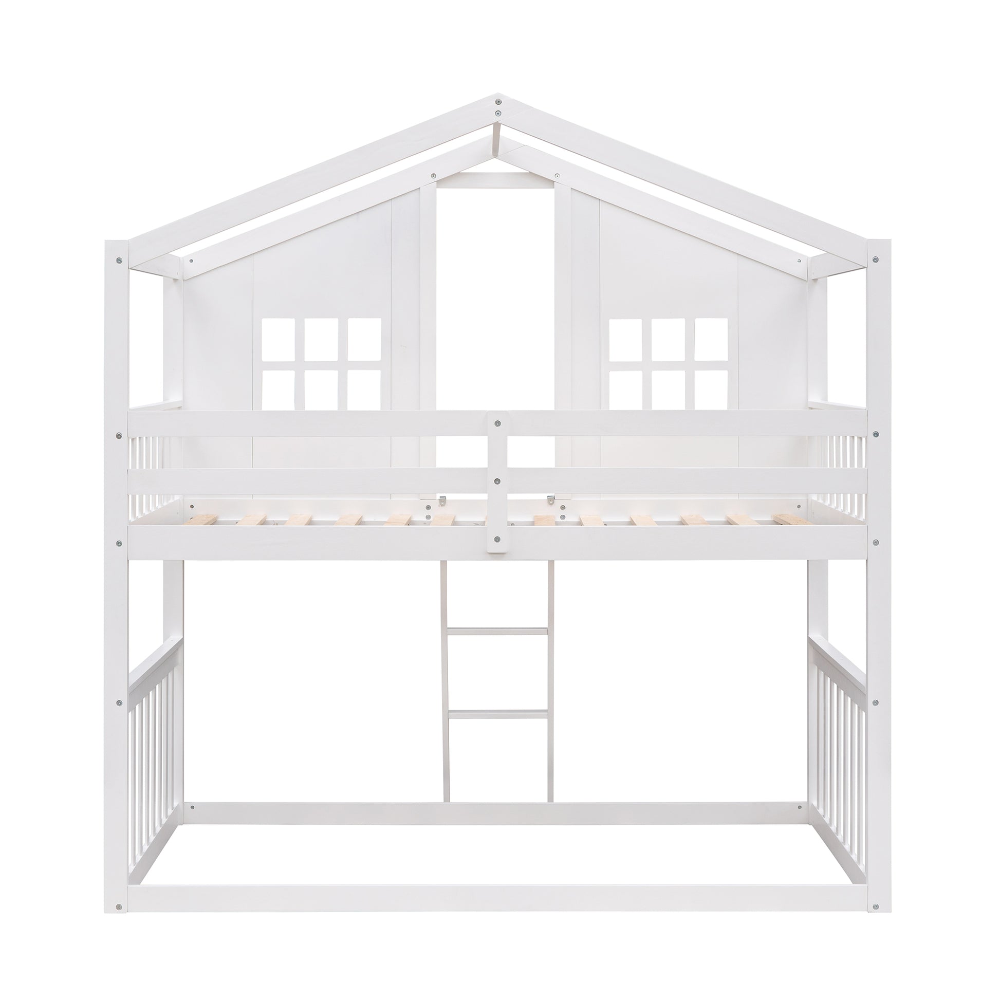 Twin Over Twin House Bunk Bed With Ladder, Wood Bed White White Solid Wood